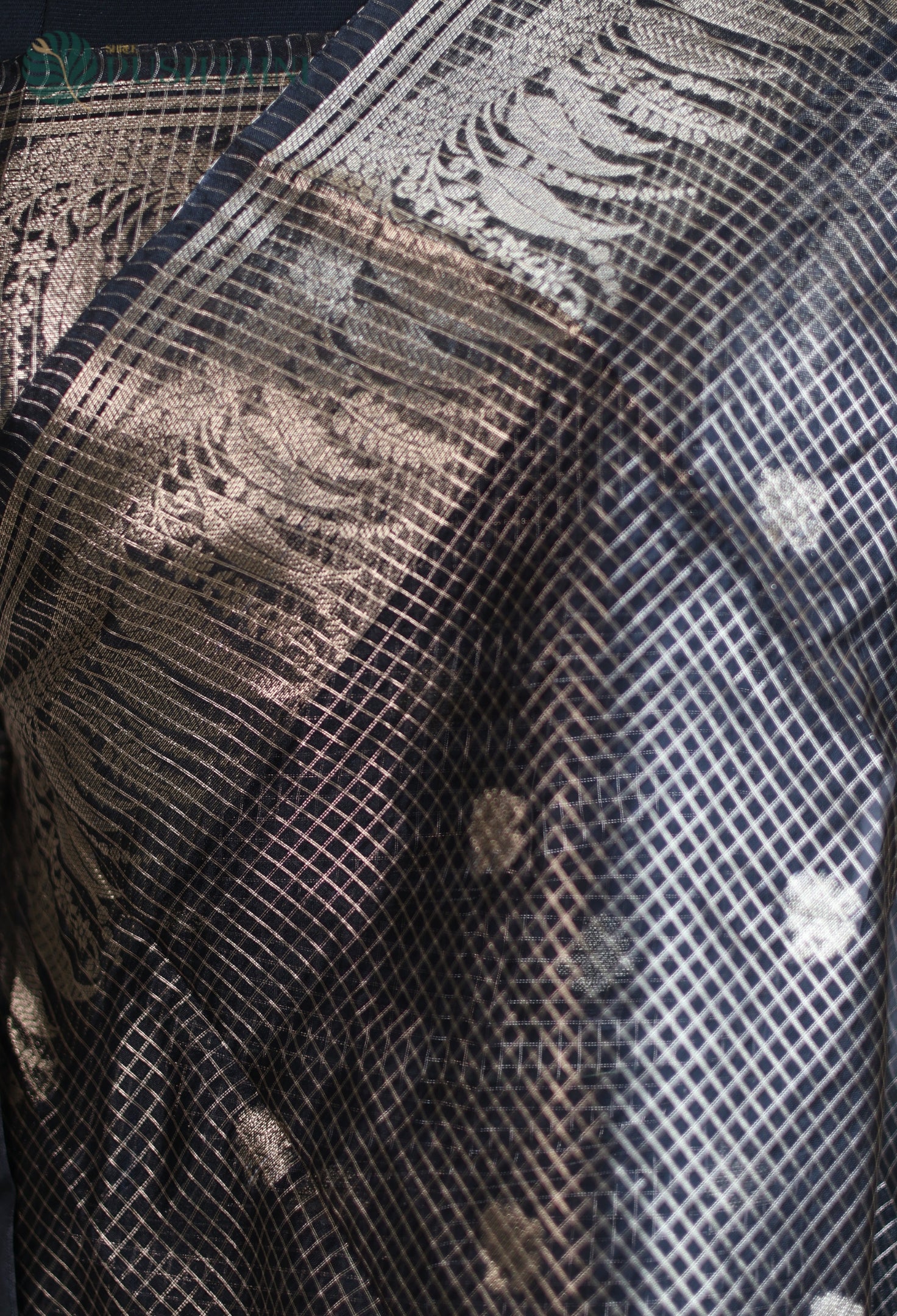 Matt Black Art Silk Saree with Metallic Gold Zari Check