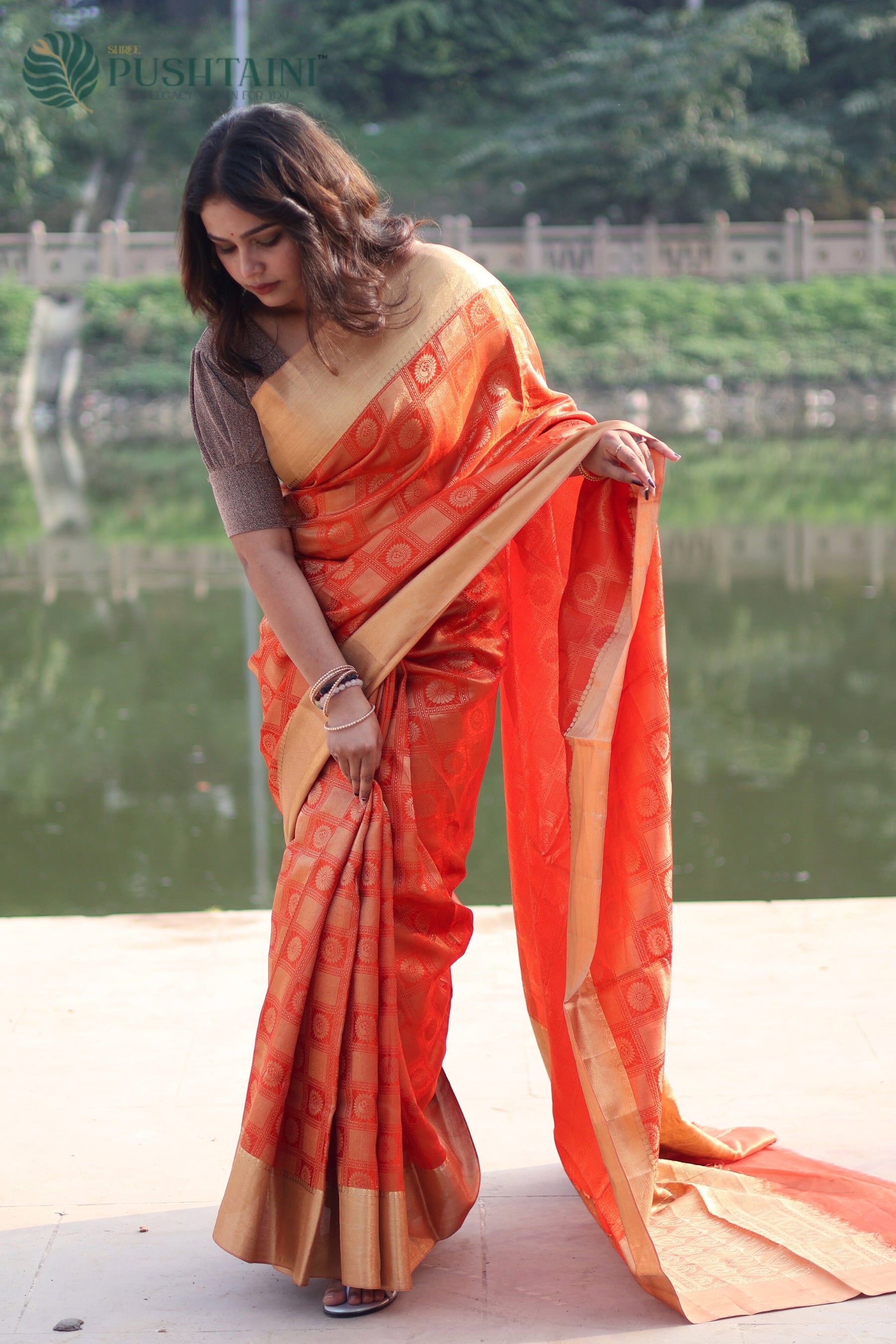 Orange Pure Tissue Dupion Tanchoi Silk Saree with Golden Border