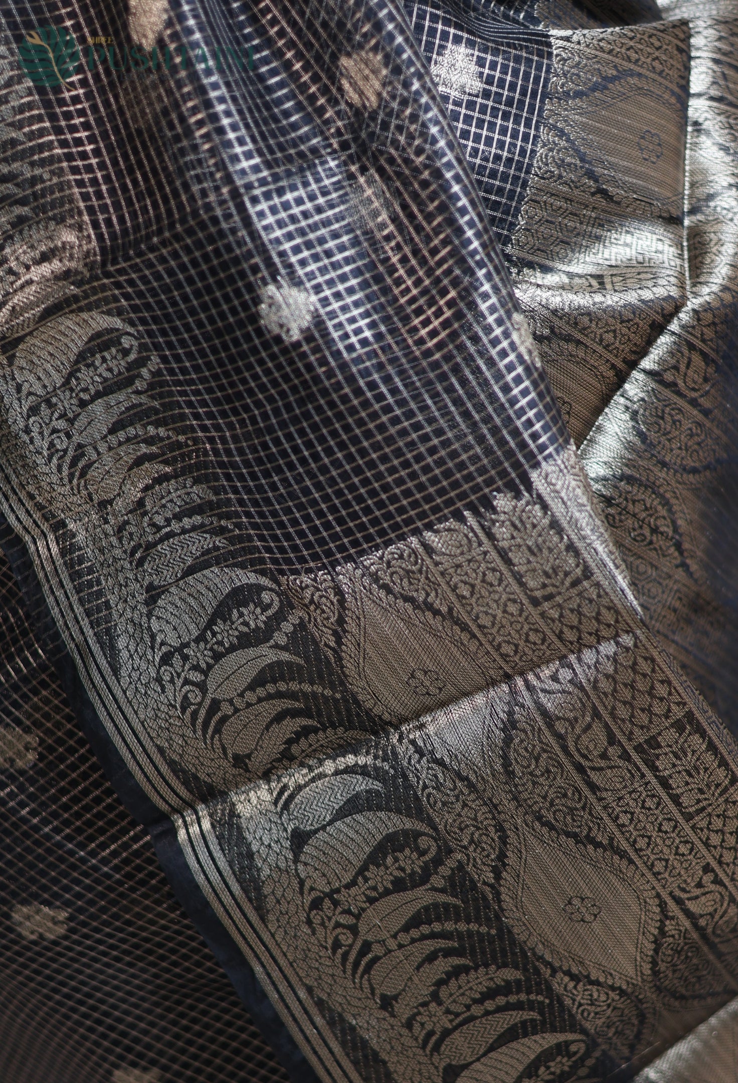 Matt Black Art Silk Saree with Metallic Gold Zari Check