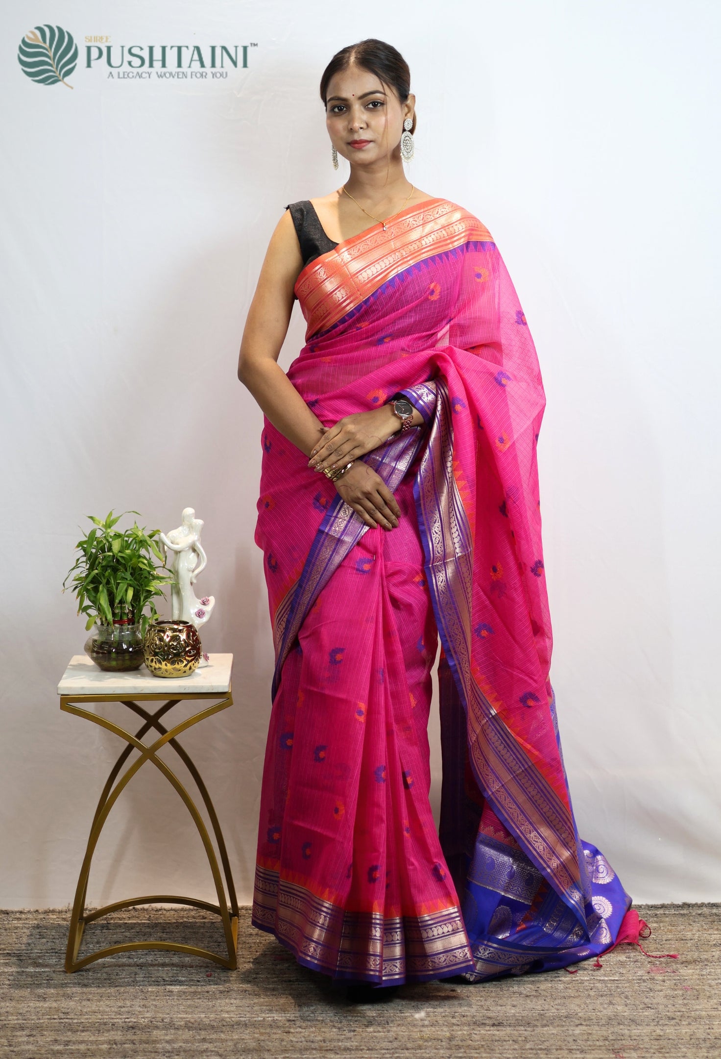 Rani Pink Kota Doria Saree with Anchal Border work