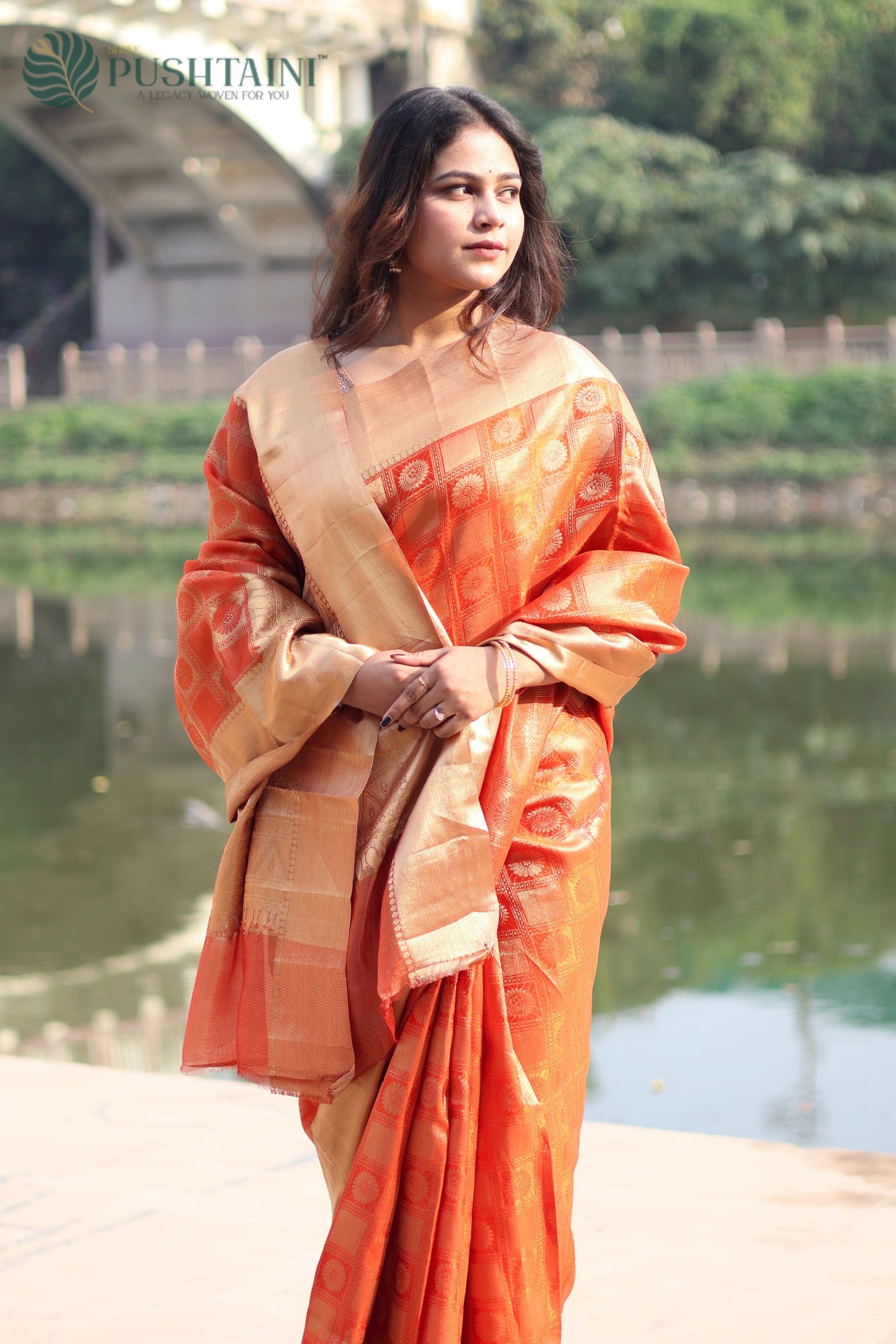 Orange Pure Tissue Dupion Tanchoi Silk Saree with Golden Border