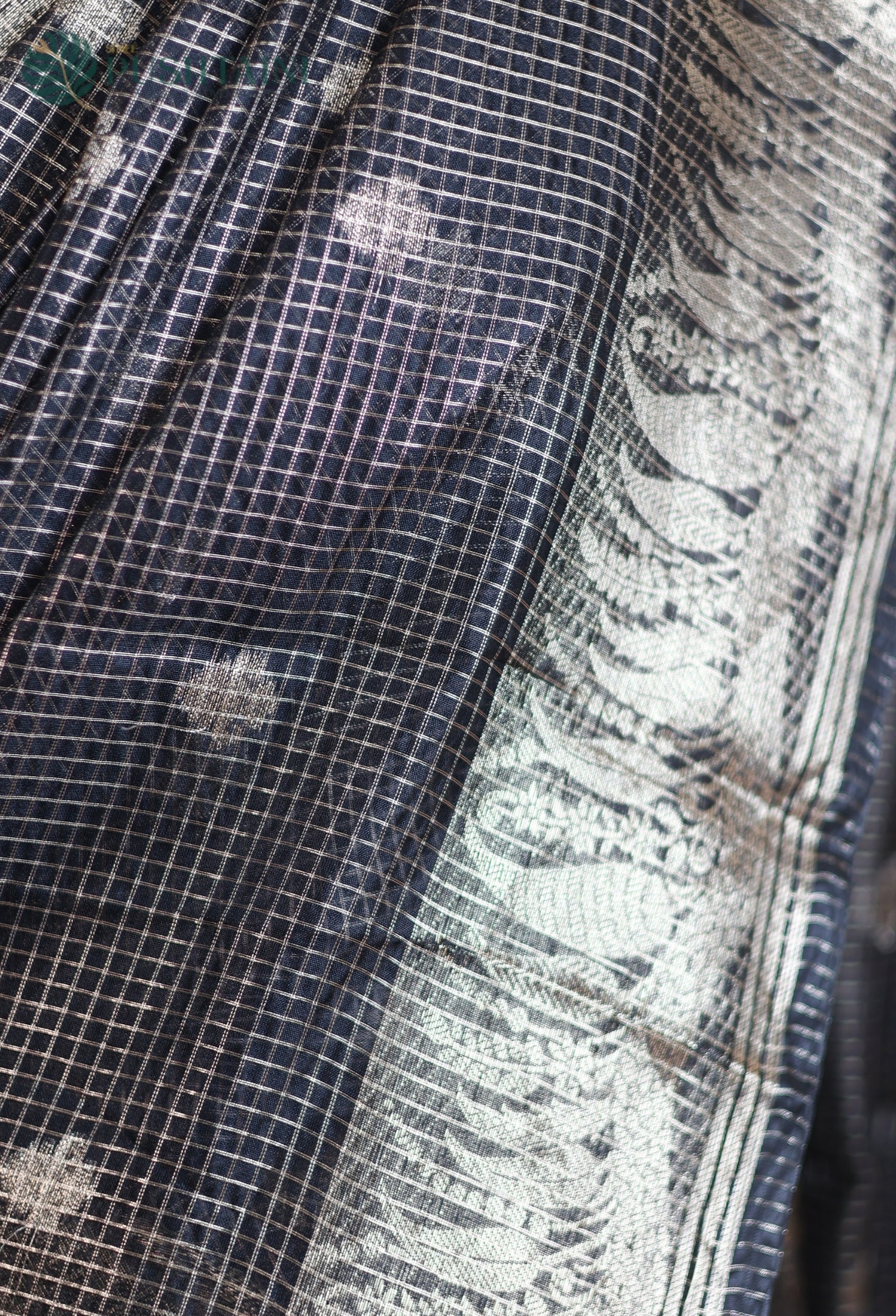 Matt Black Art Silk Saree with Metallic Gold Zari Check