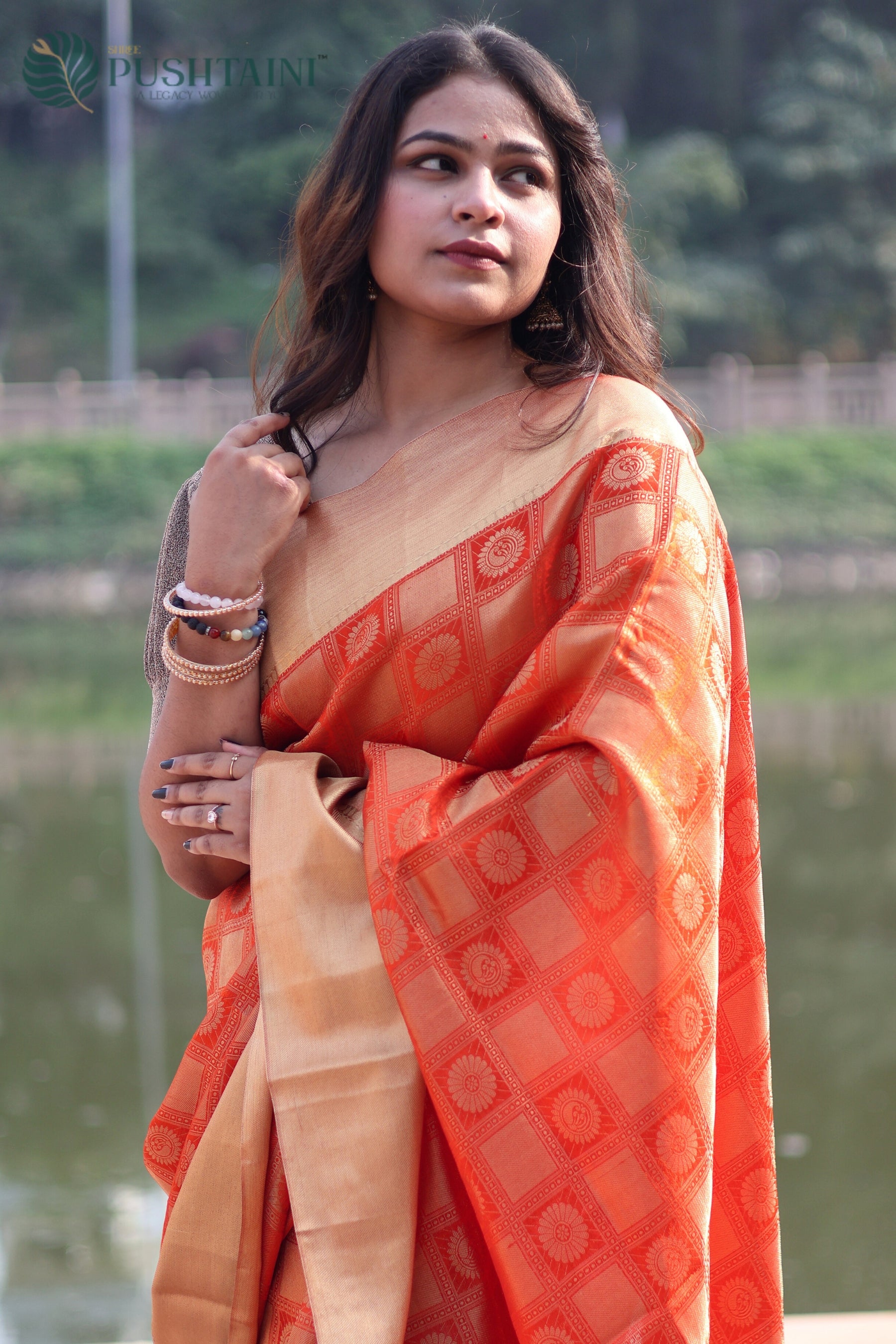 Orange Pure Tissue Dupion Tanchoi Silk Saree with Golden Border