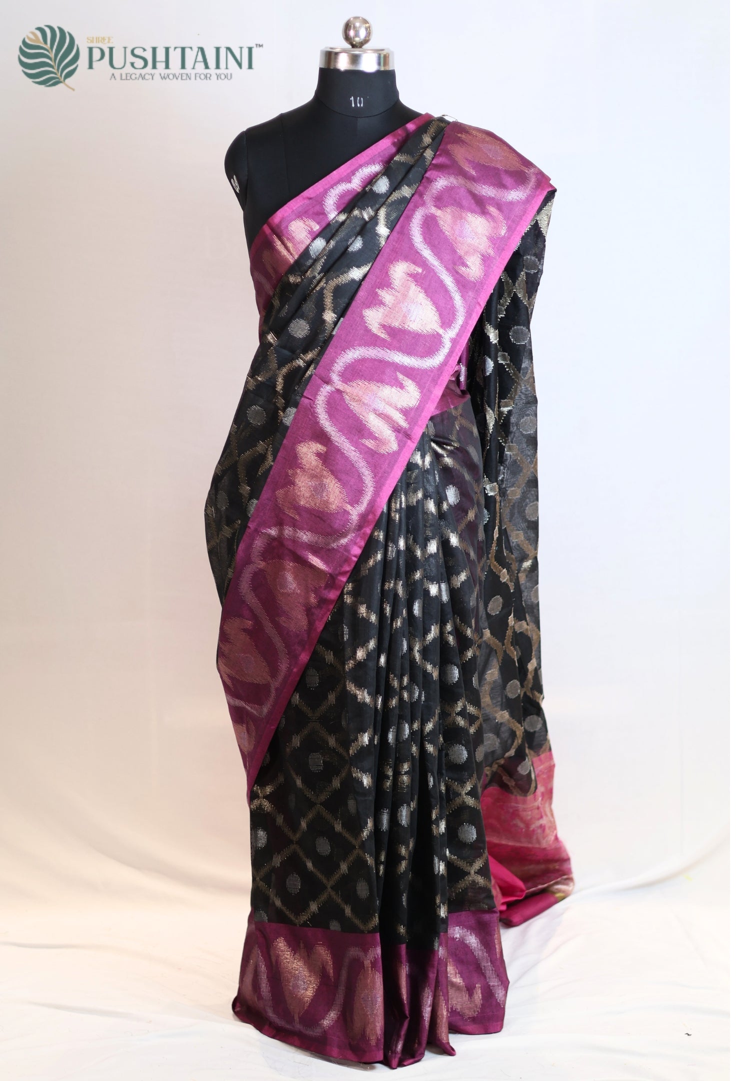 Black Base Cotton Ikkat Saree with Purple Border