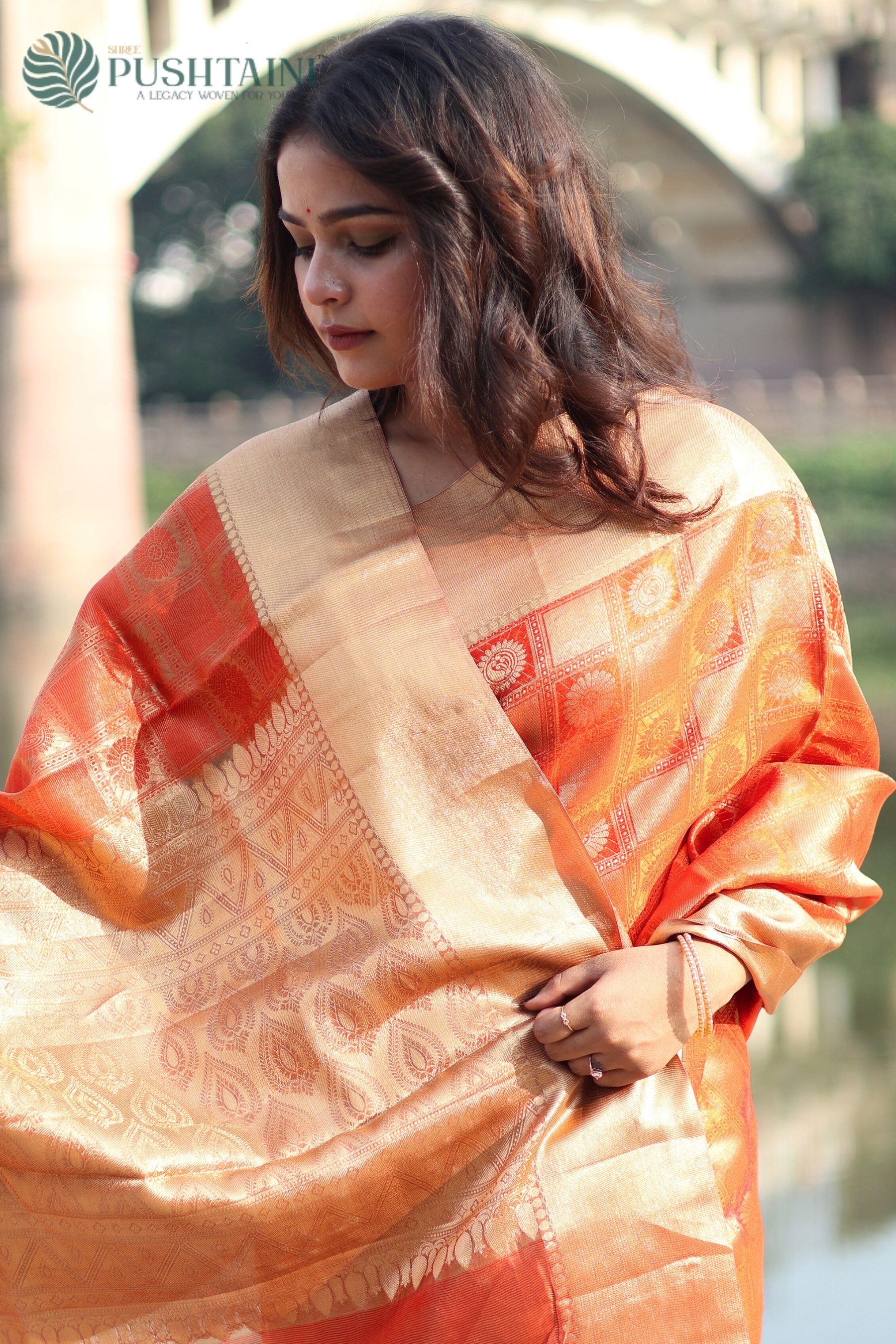 Orange Pure Tissue Dupion Tanchoi Silk Saree with Golden Border