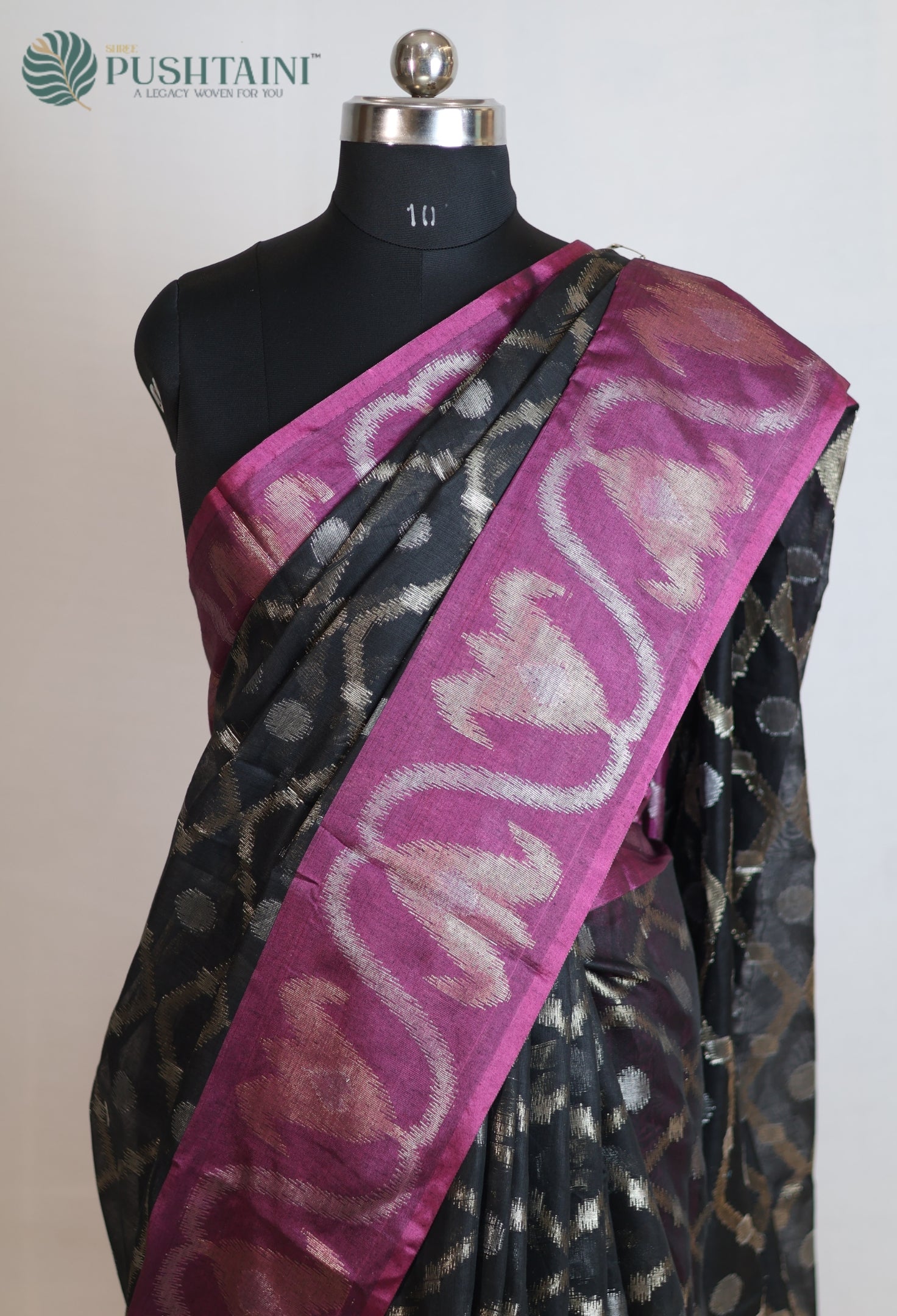 Black Base Cotton Ikkat Saree with Purple Border