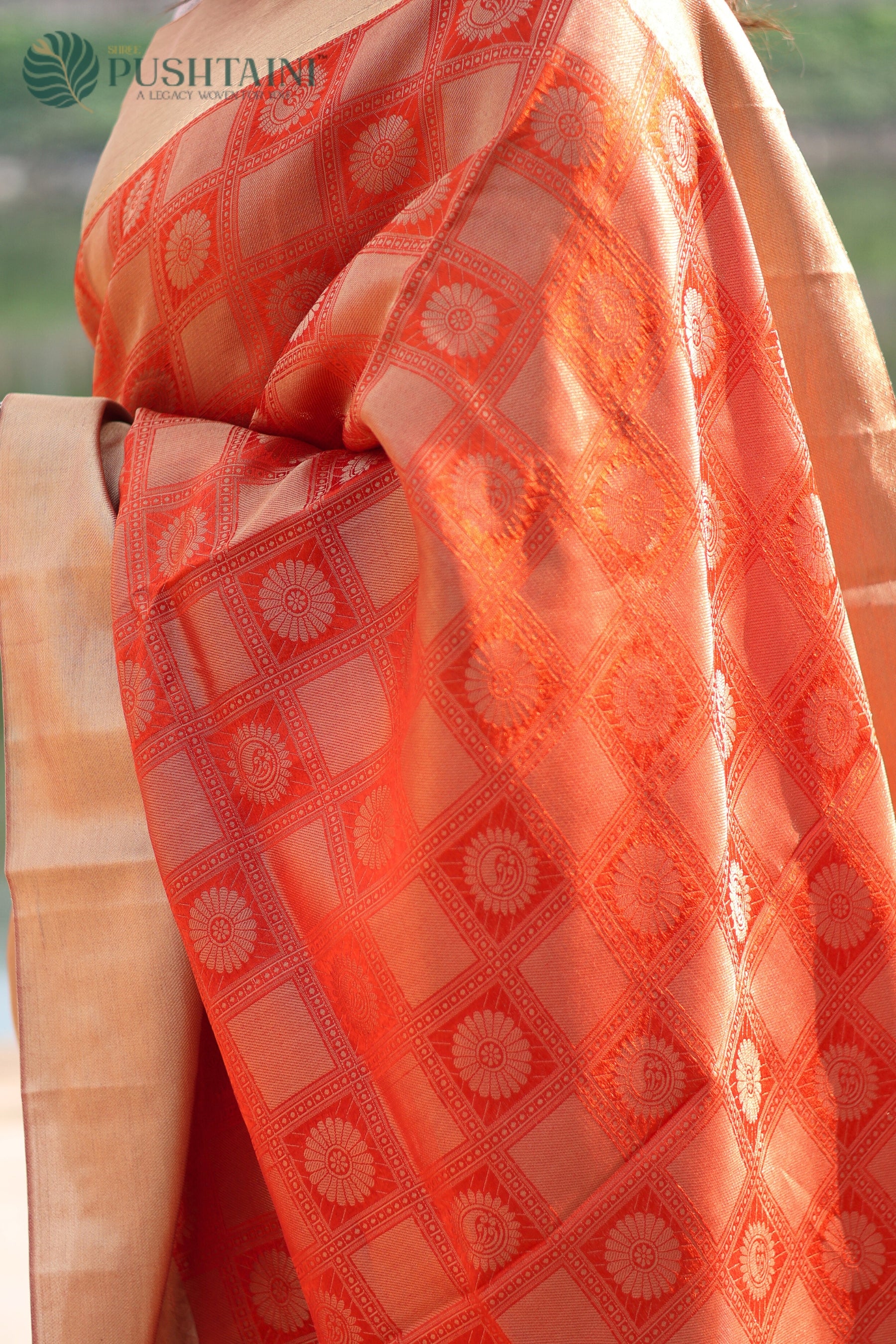 Orange Pure Tissue Dupion Tanchoi Silk Saree with Golden Border