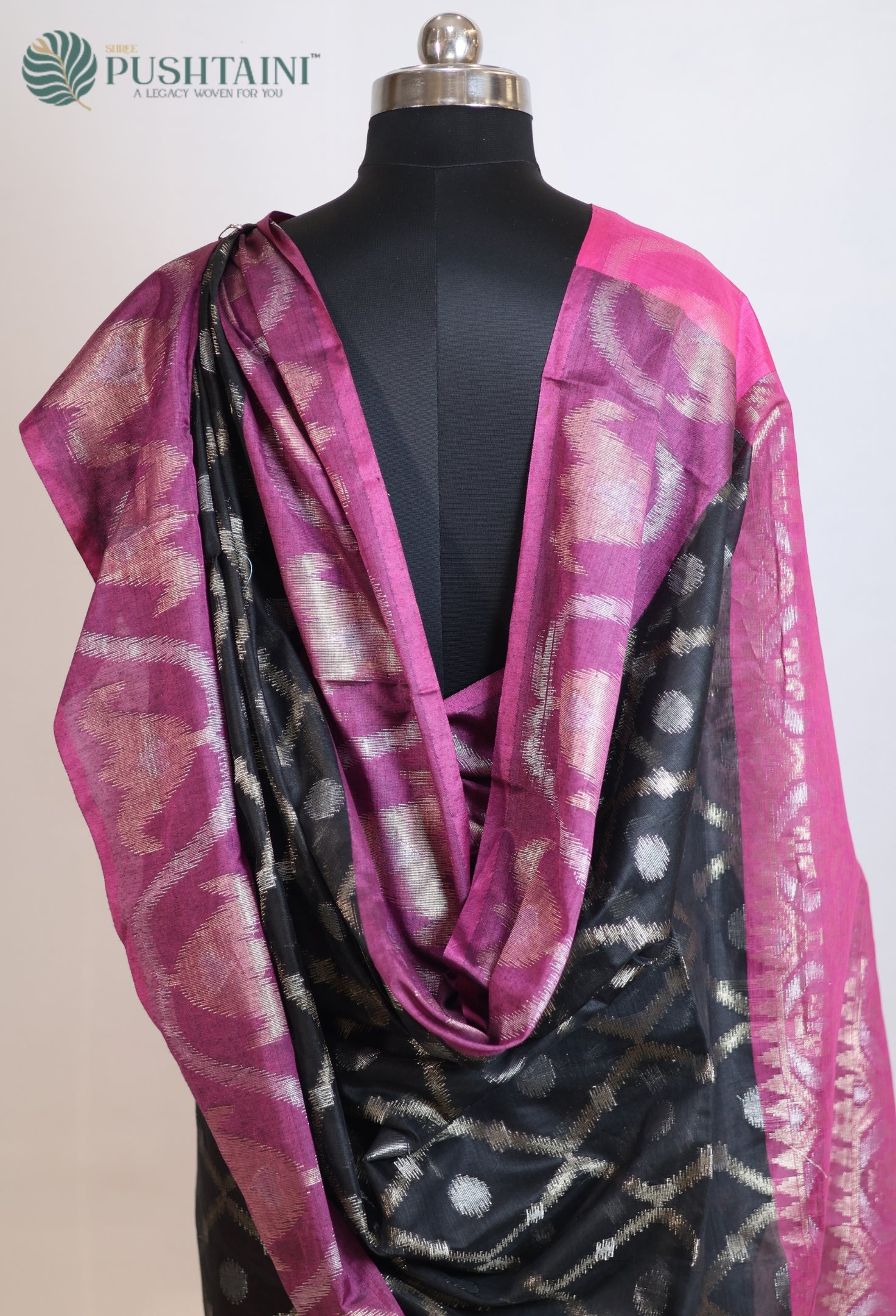 Black Base Cotton Ikkat Saree with Purple Border