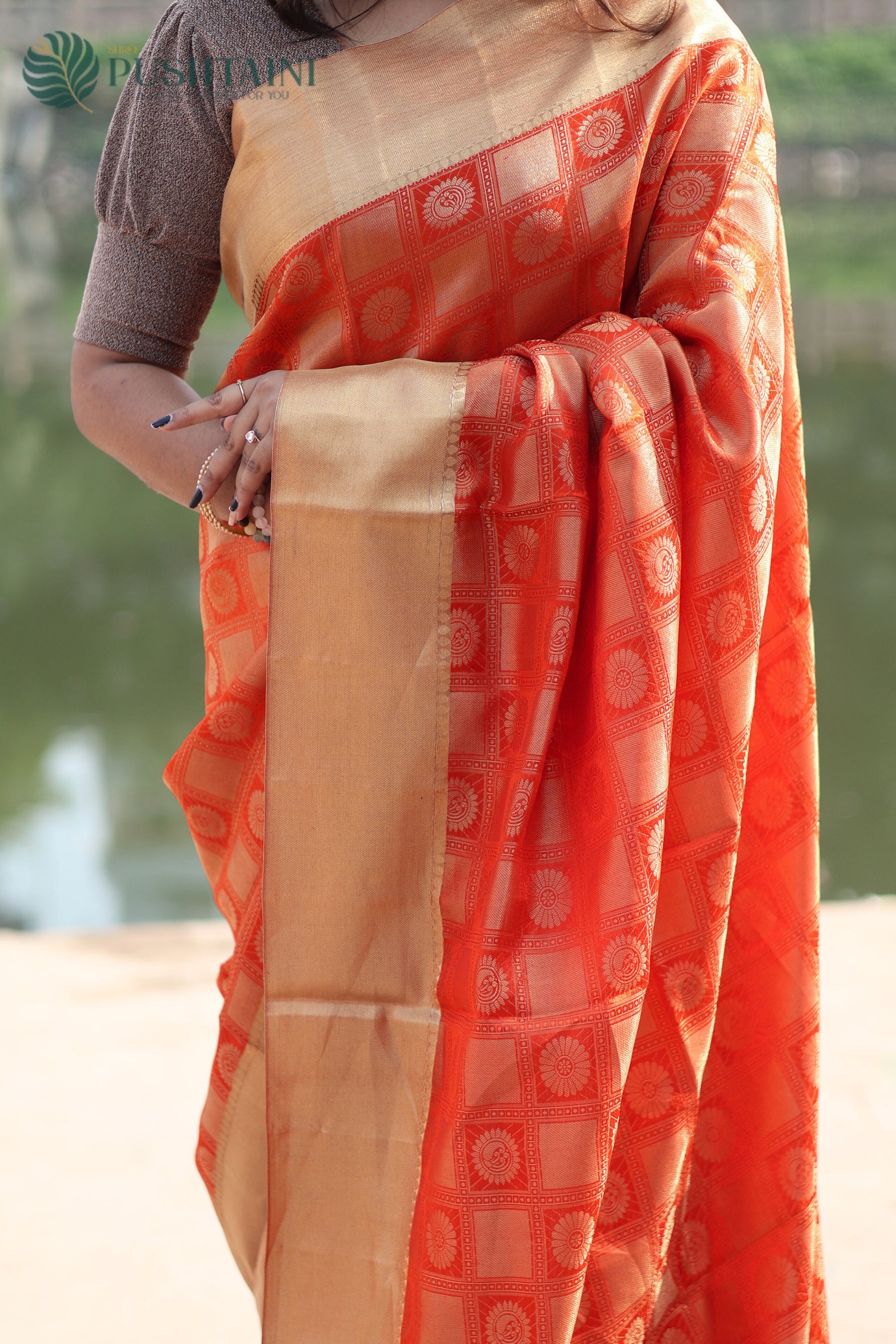 Orange Pure Tissue Dupion Tanchoi Silk Saree with Golden Border