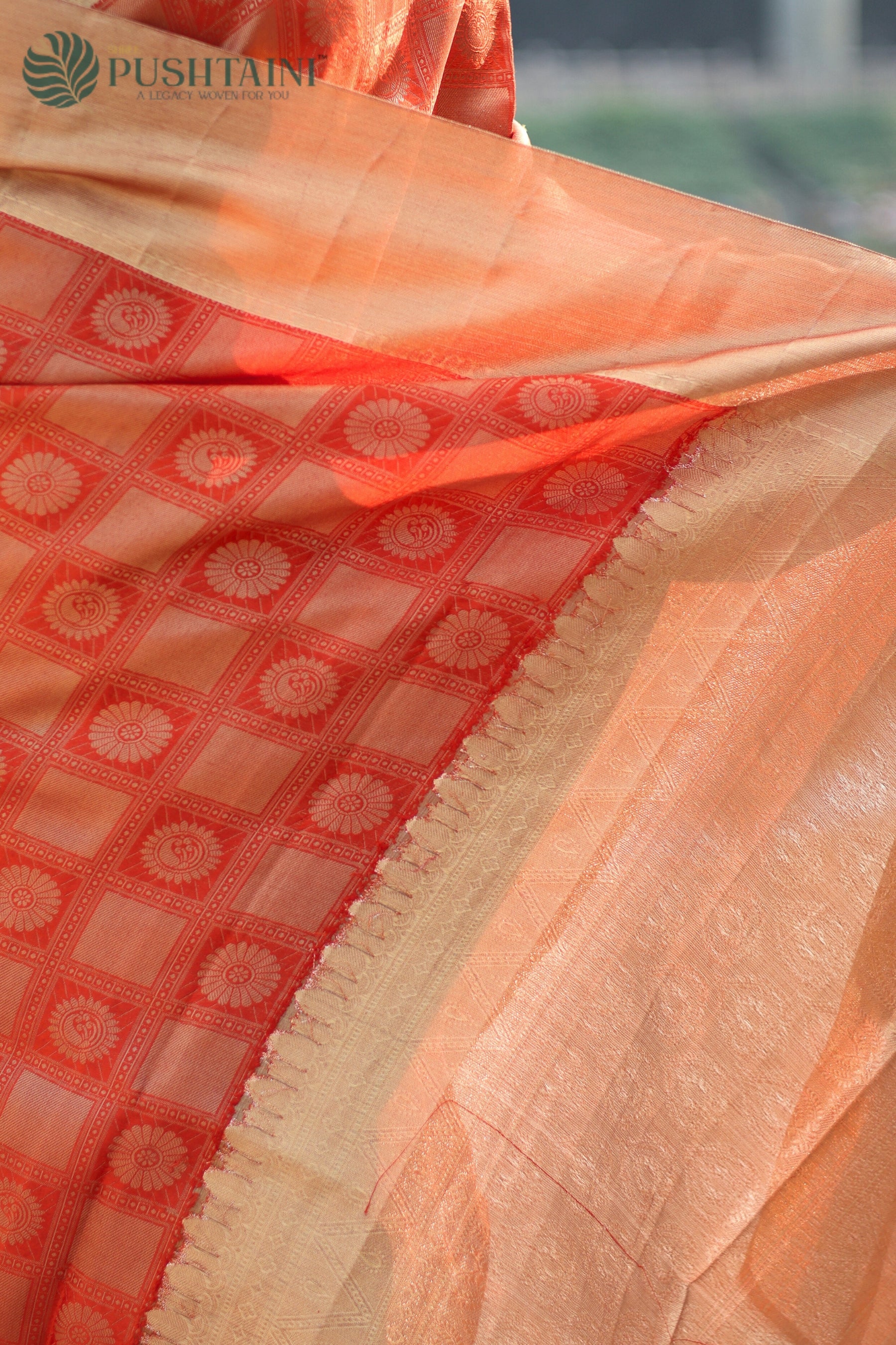 Orange Pure Tissue Dupion Tanchoi Silk Saree with Golden Border
