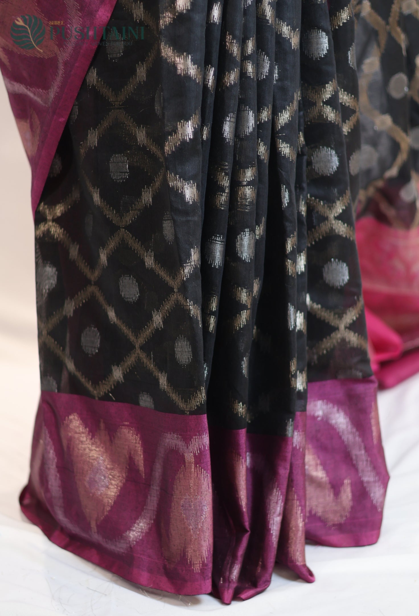 Black Base Cotton Ikkat Saree with Purple Border