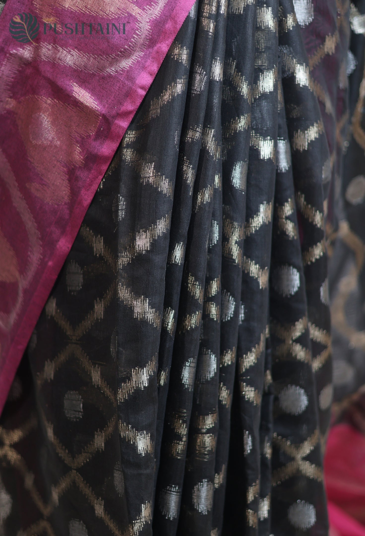 Black Base Cotton Ikkat Saree with Purple Border