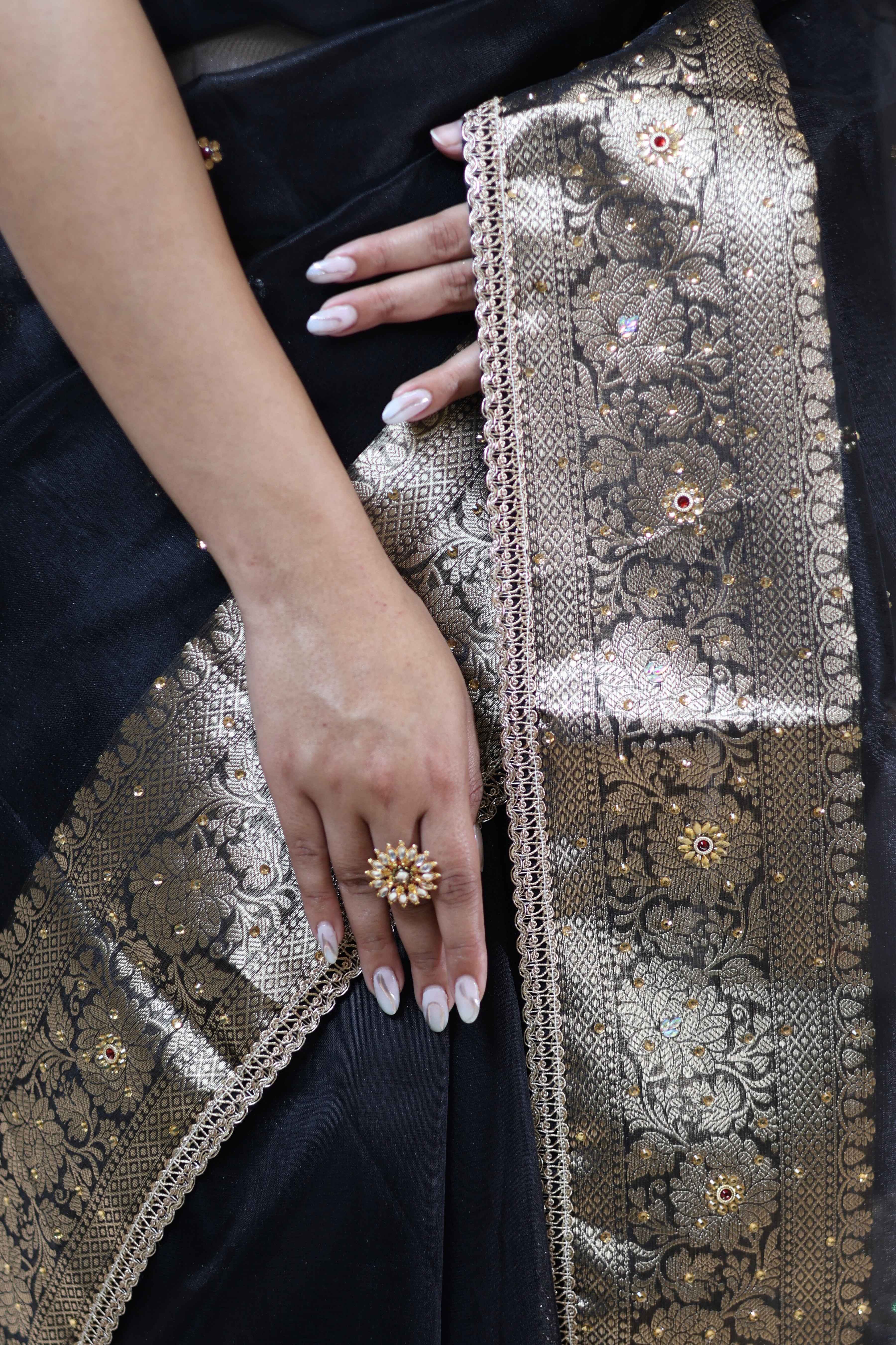 Black Soft Tissue Silk Saree with Designer Buti & Premium Lace Border