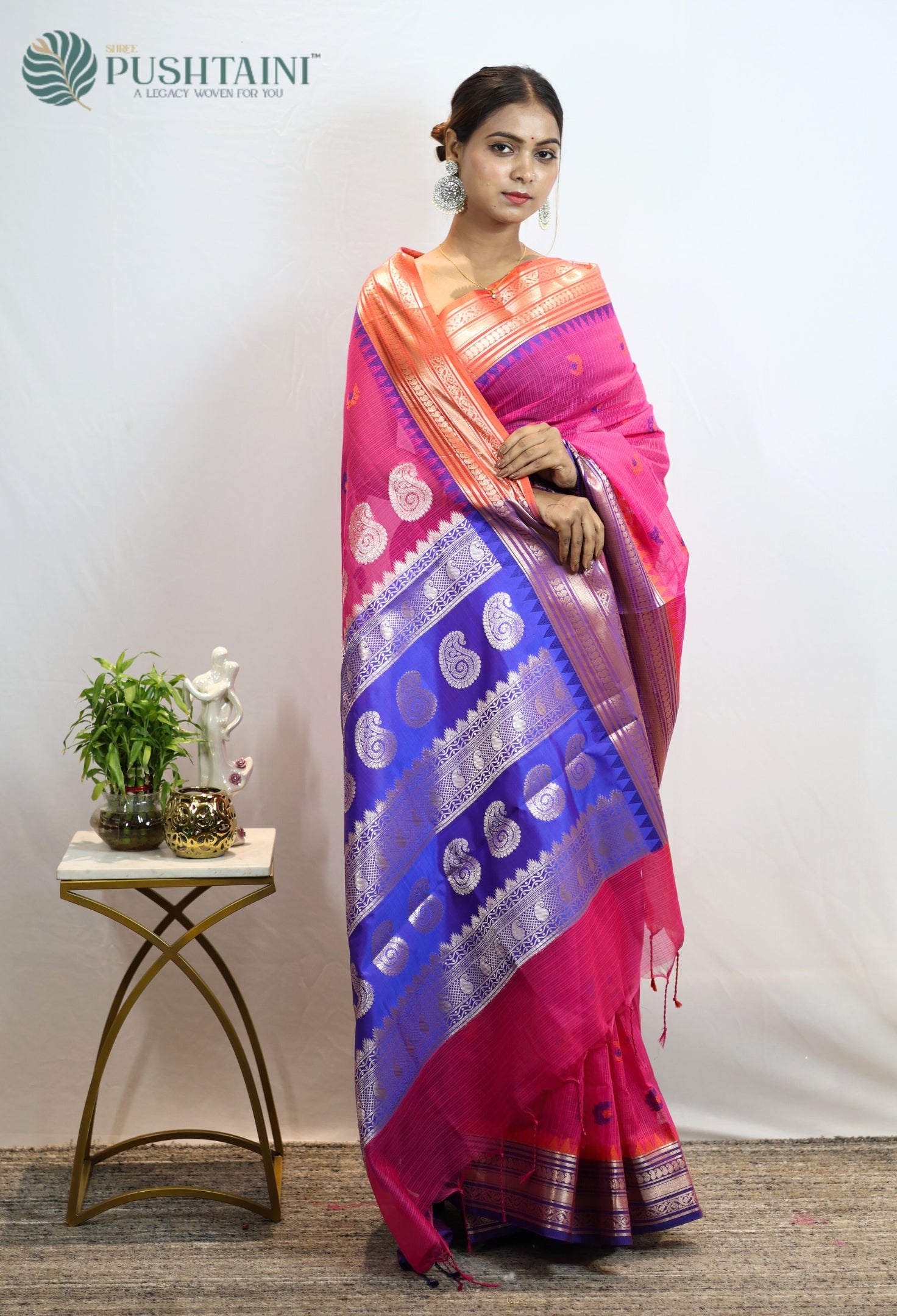 Rani Pink Kota Doria Saree with Anchal Border work