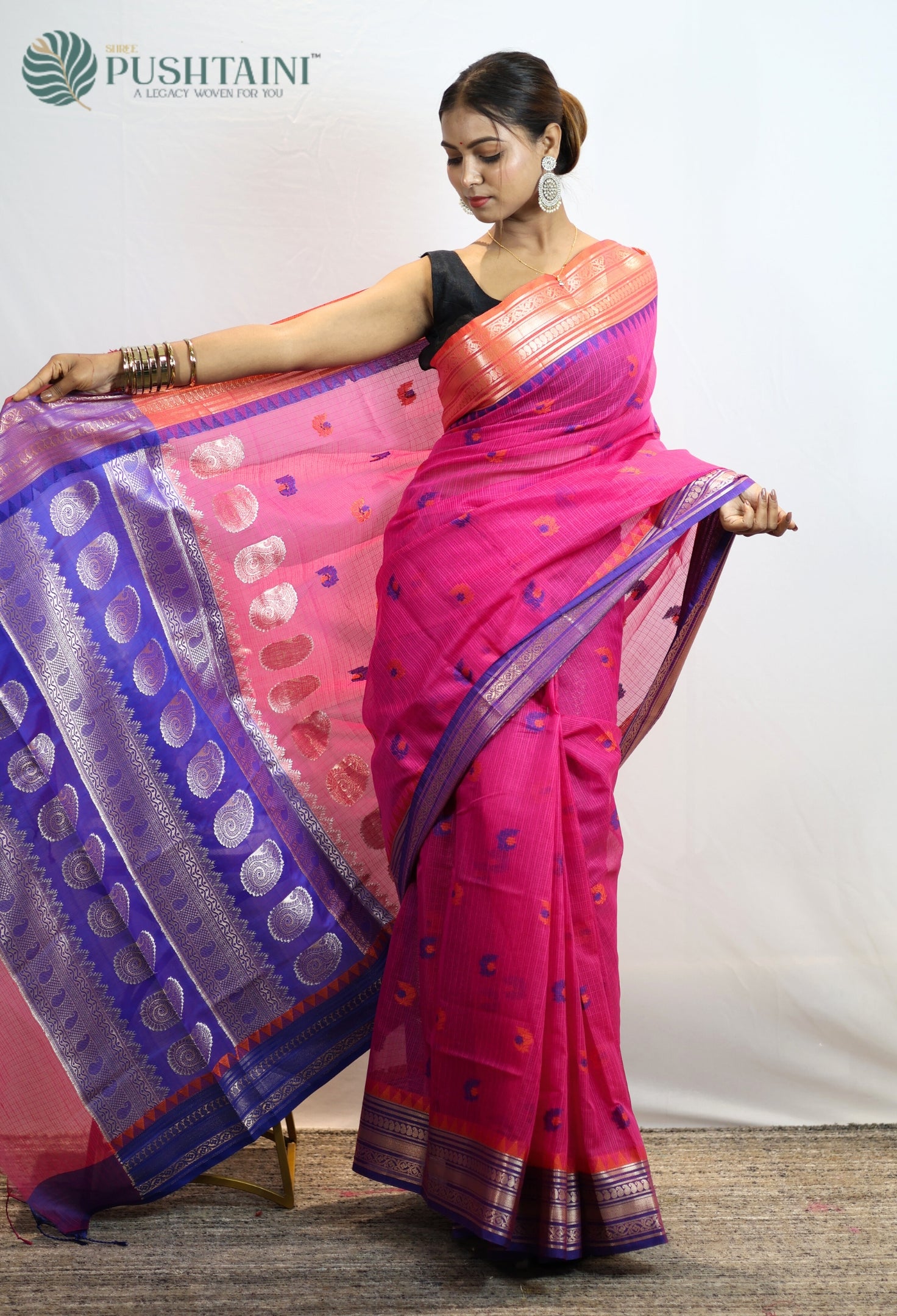 Rani Pink Kota Doria Saree with Anchal Border work