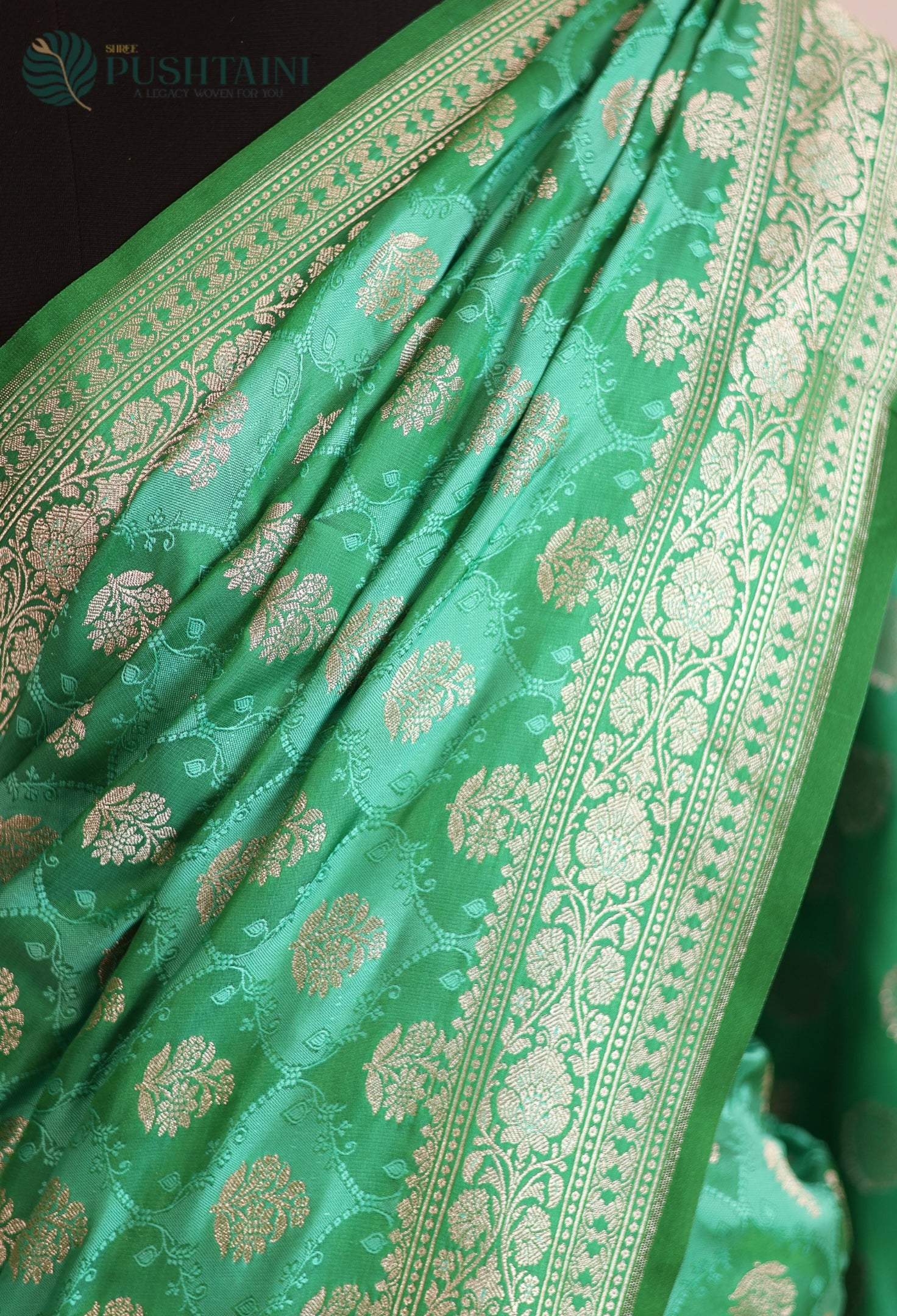 Sea Green Mashru Katan Silk Saree with Rangkat Concept