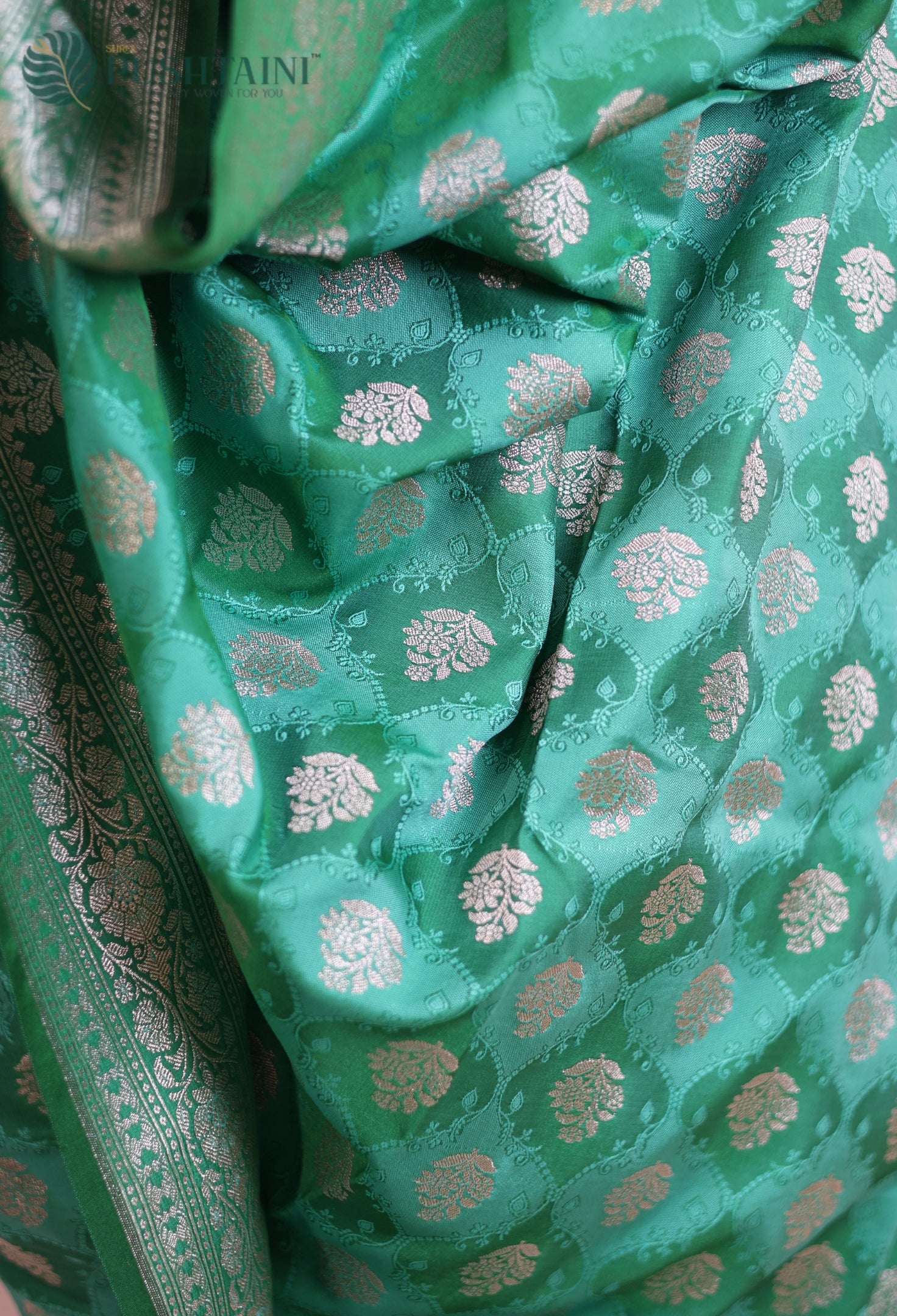 Sea Green Mashru Katan Silk Saree with Rangkat Concept