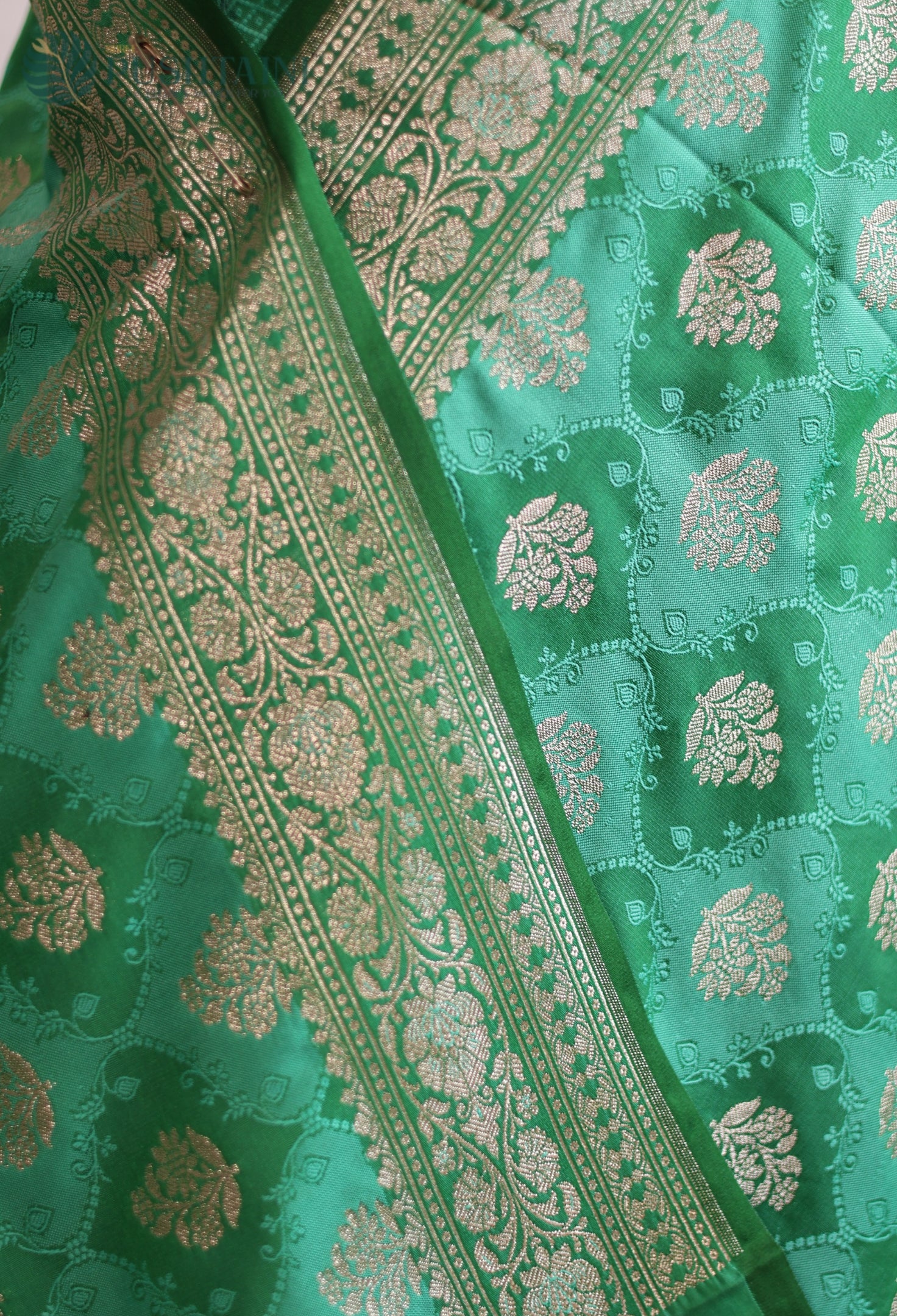 Sea Green Mashru Katan Silk Saree with Rangkat Concept