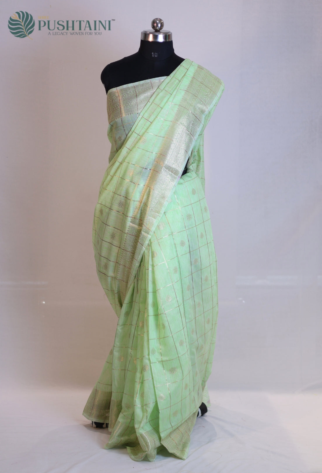 Pastel Green Semi Linen Saree with Allover Golden Zari work