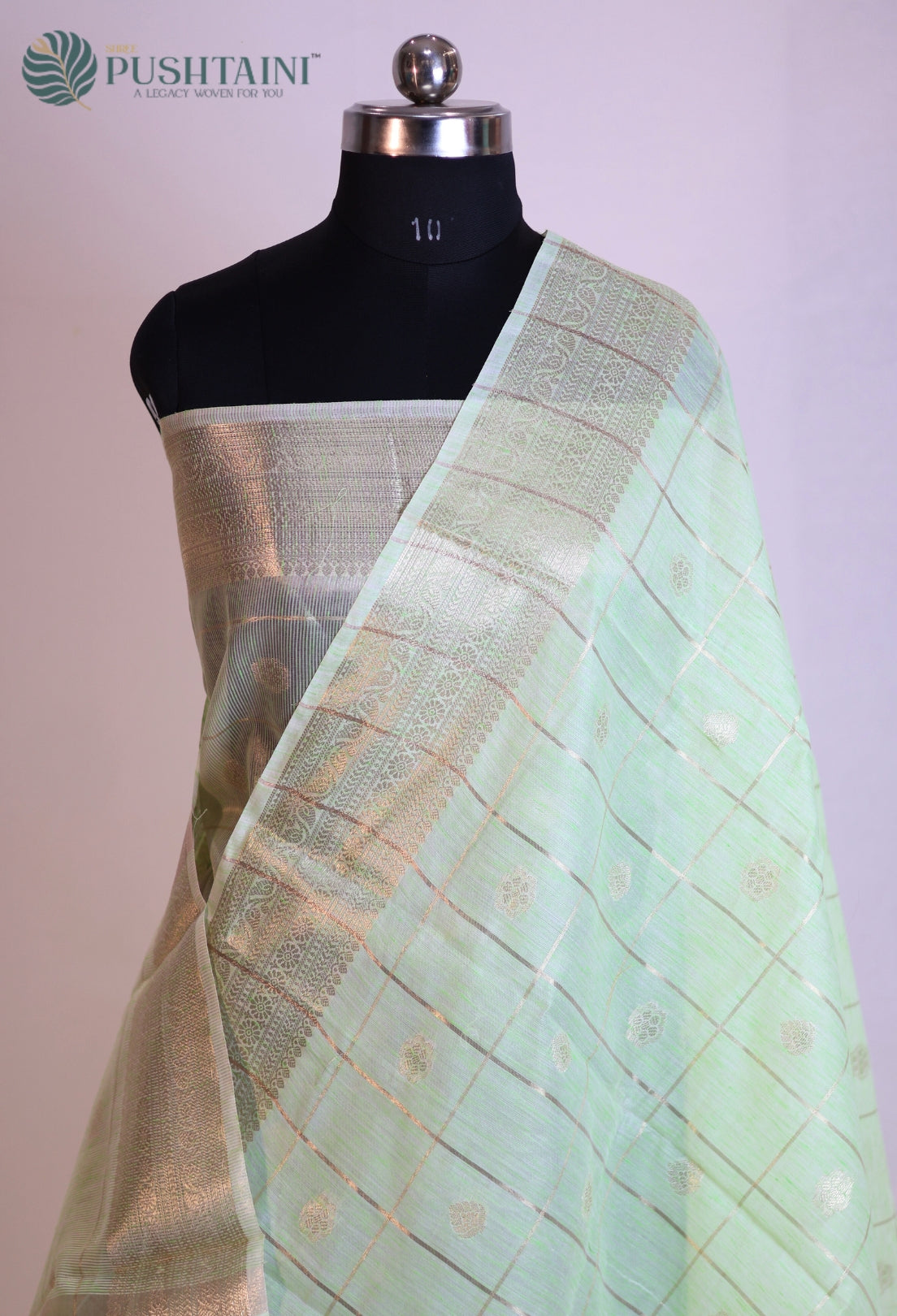 Pastel Green Semi Linen Saree with Allover Golden Zari work