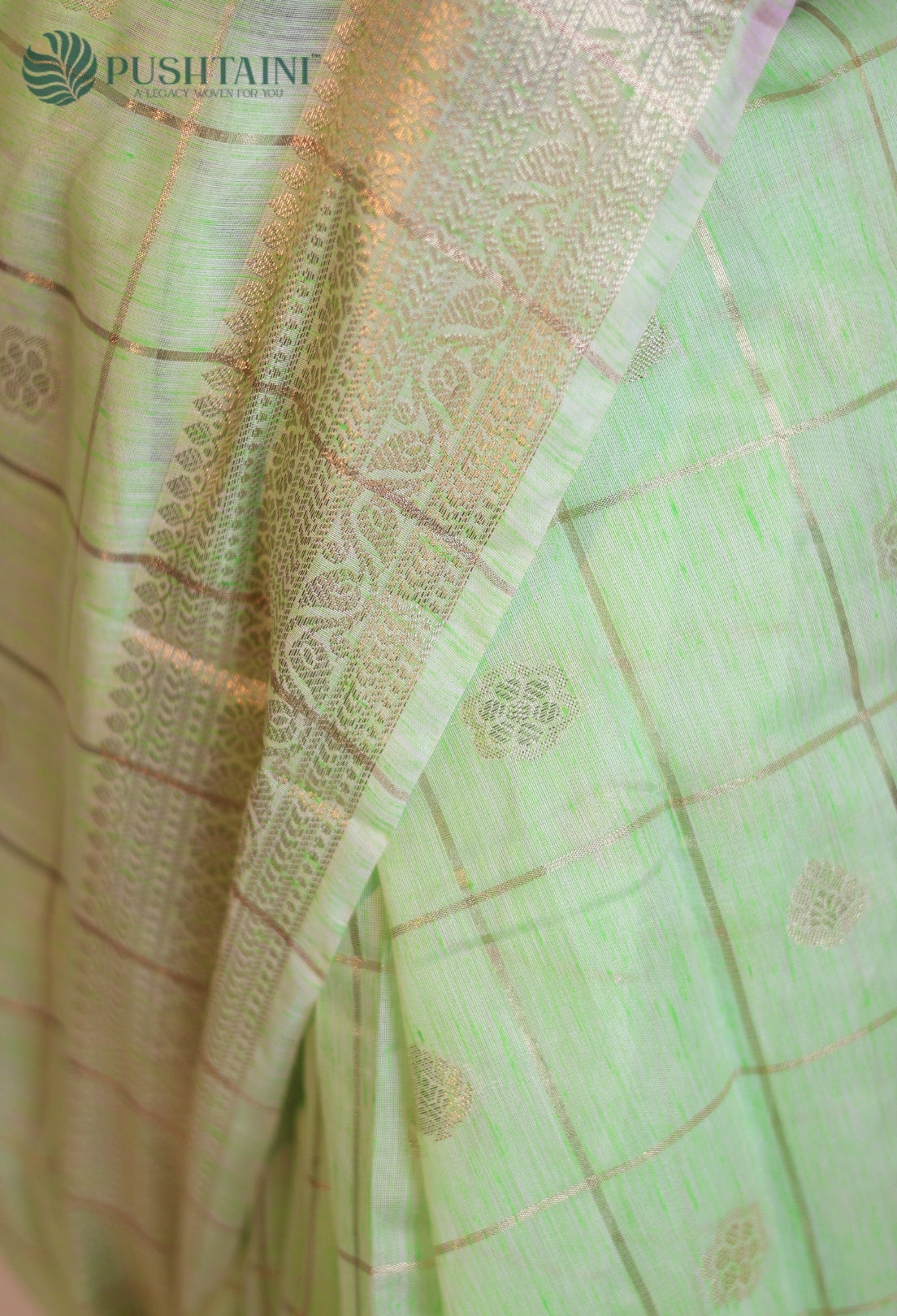 Pastel Green Semi Linen Saree with Allover Golden Zari work