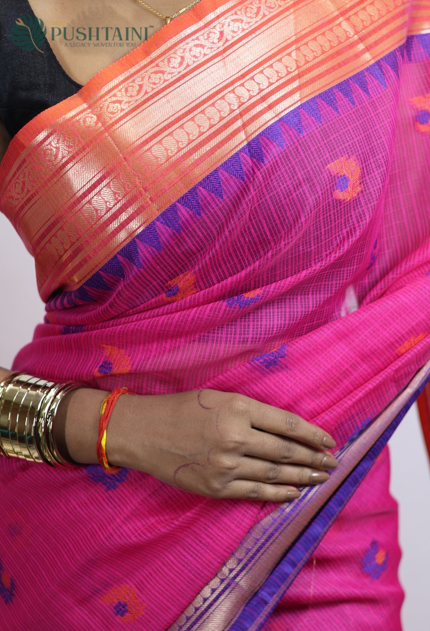 Rani Pink Kota Doria Saree with Anchal Border work