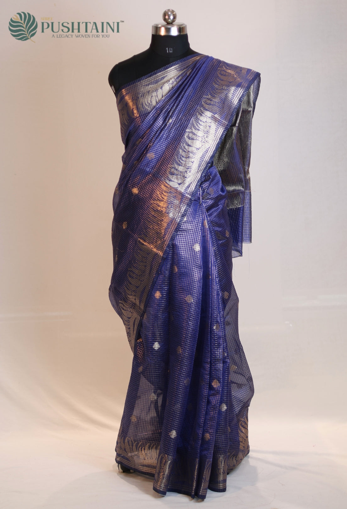 Navy Blue Art Silk Saree with Metallic Gold Zari Check