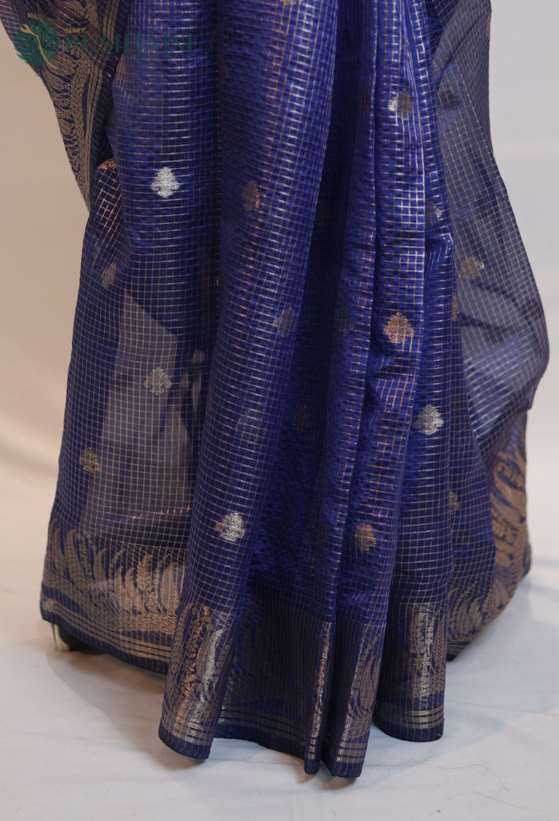 Navy Blue Art Silk Saree with Metallic Gold Zari Check