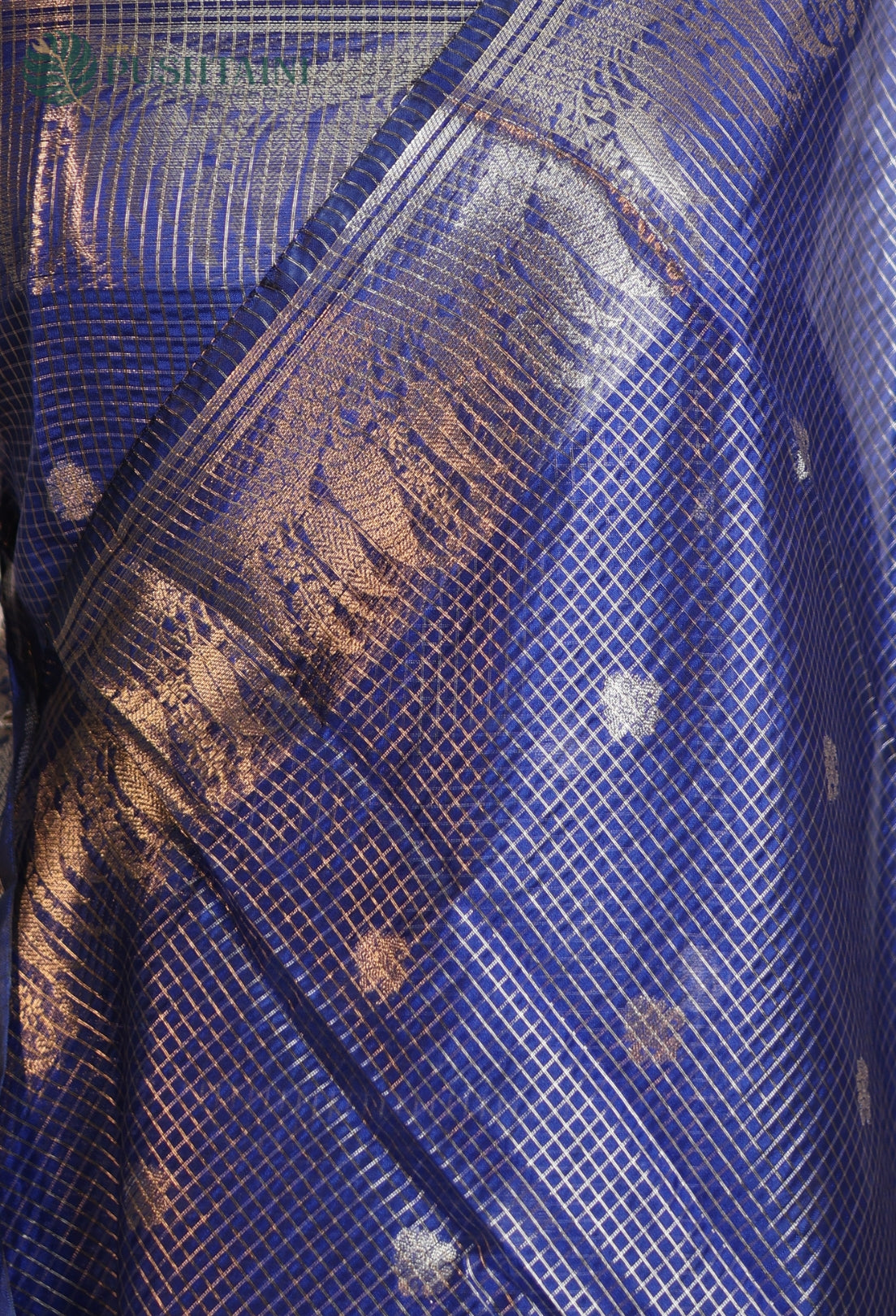 Navy Blue Art Silk Saree with Metallic Gold Zari Check