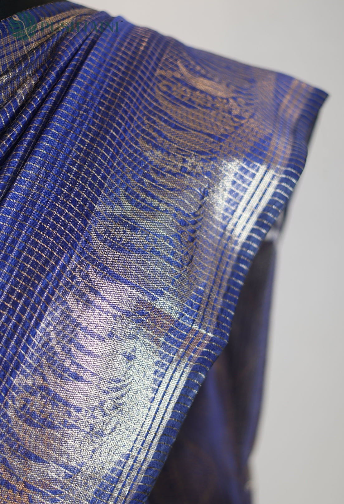 Navy Blue Art Silk Saree with Metallic Gold Zari Check