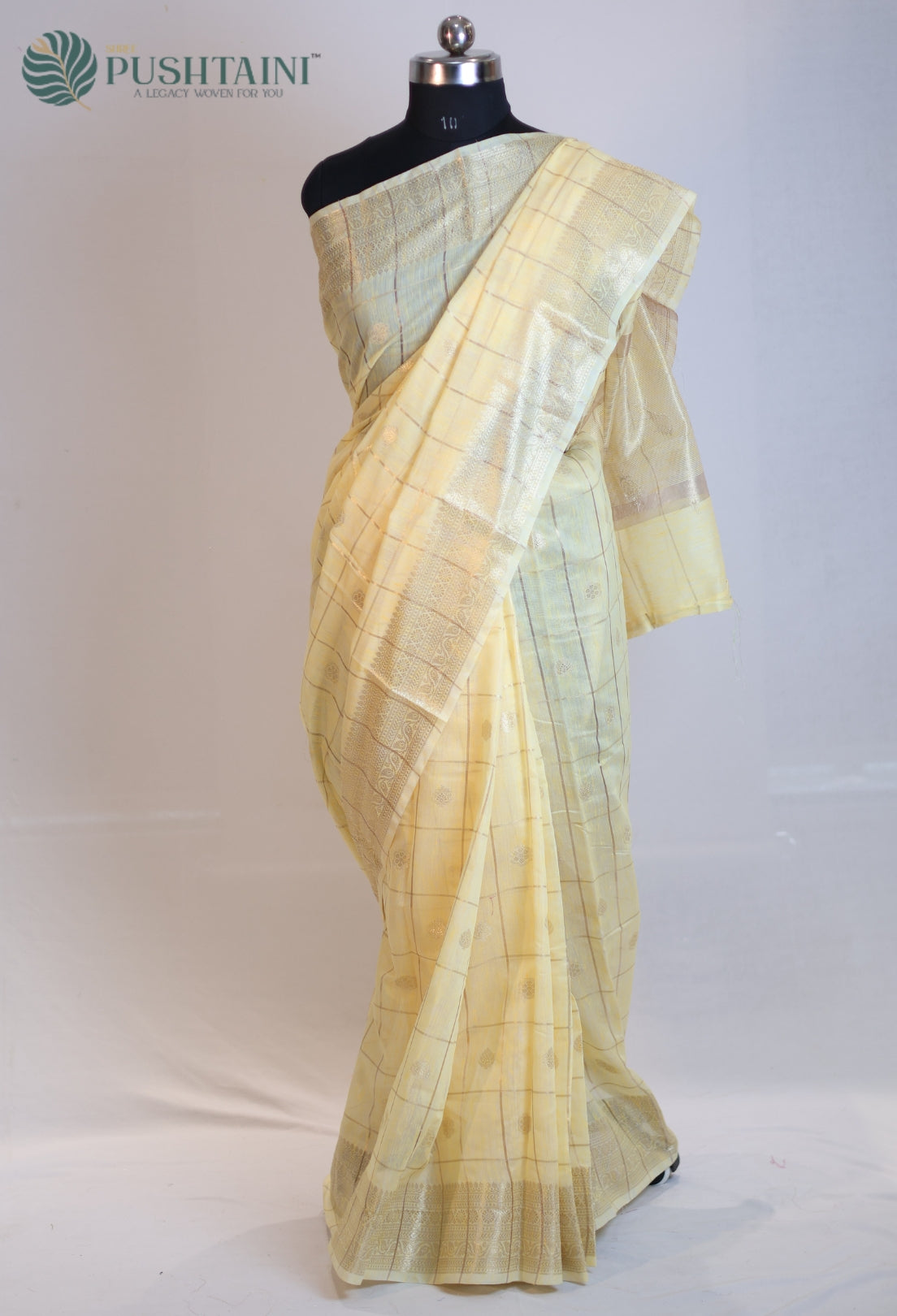Yellow Gold Semi Linen Saree with Allover Golden Zari work
