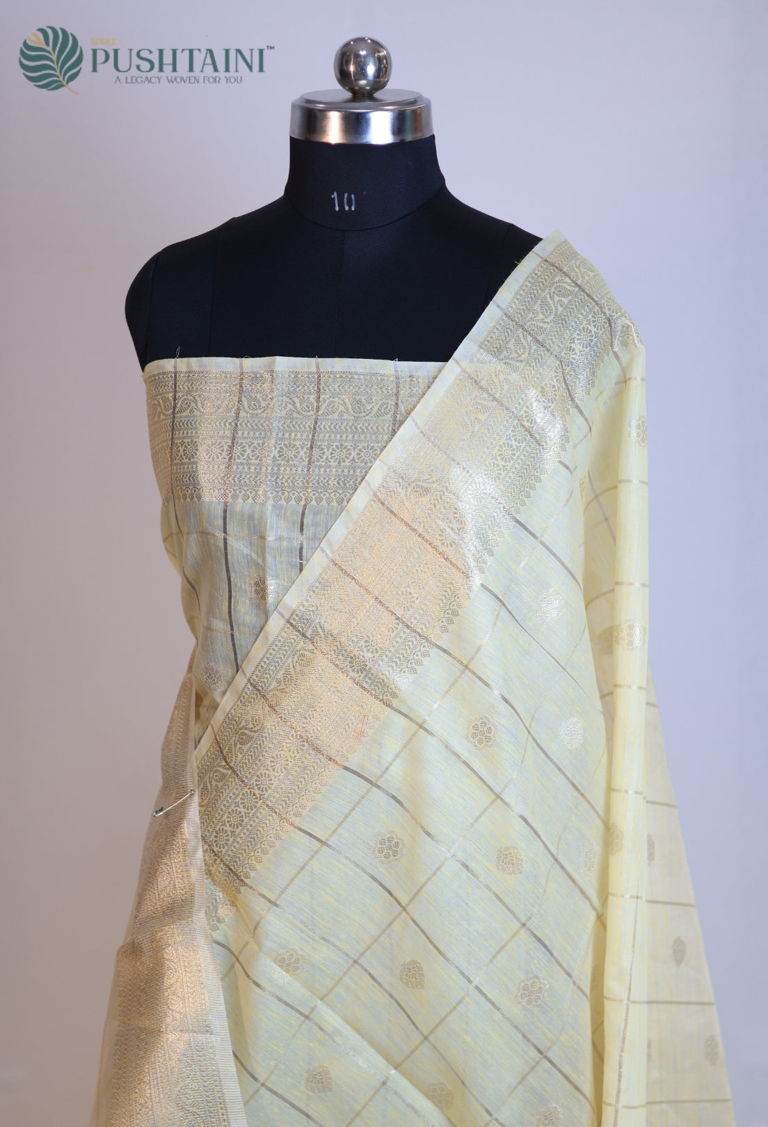 Yellow Gold Semi Linen Saree with Allover Golden Zari work