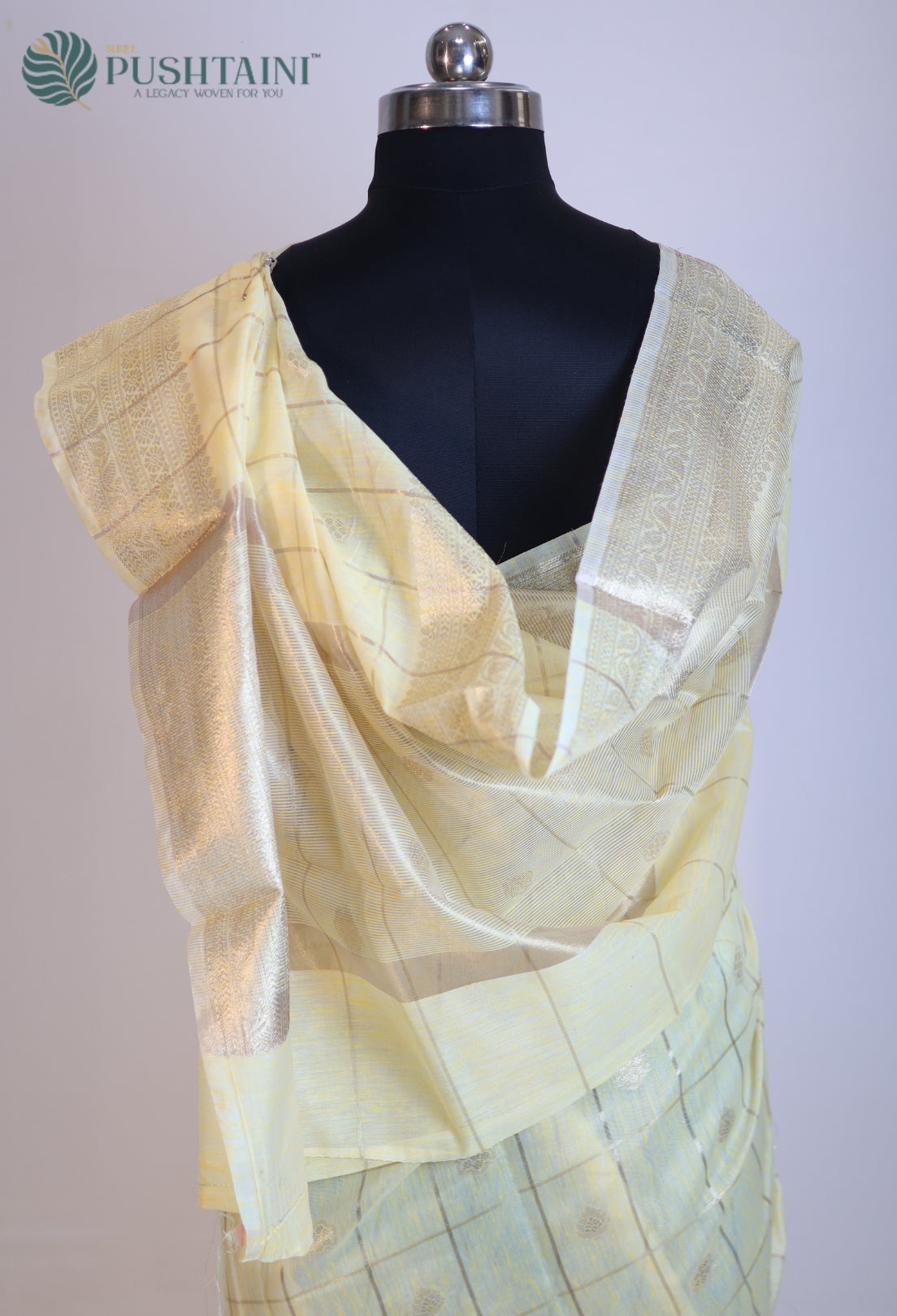 Yellow Gold Semi Linen Saree with Allover Golden Zari work