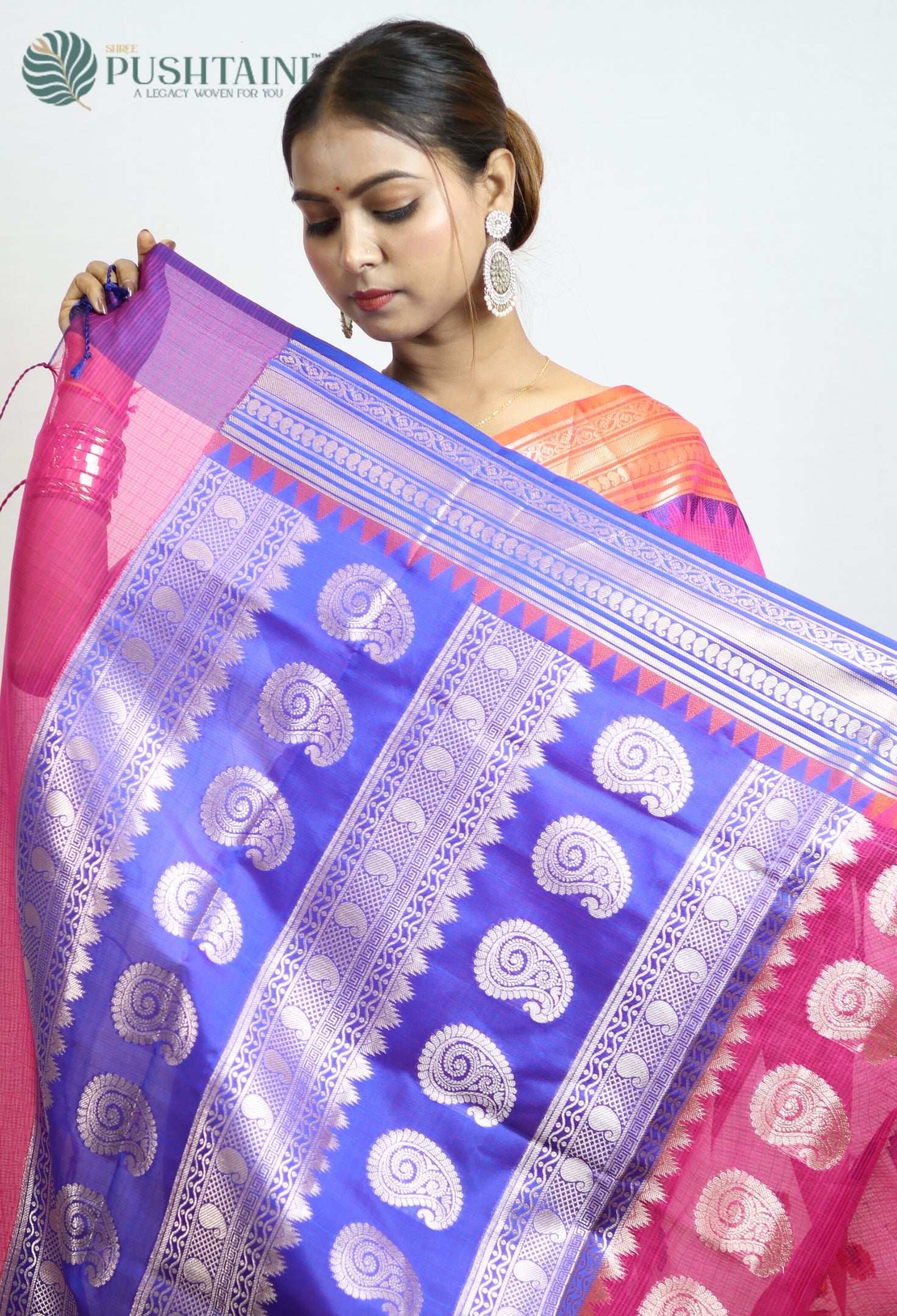 Rani Pink Kota Doria Saree with Anchal Border work