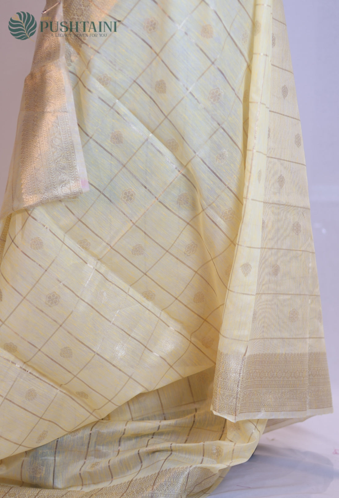 Yellow Gold Semi Linen Saree with Allover Golden Zari work