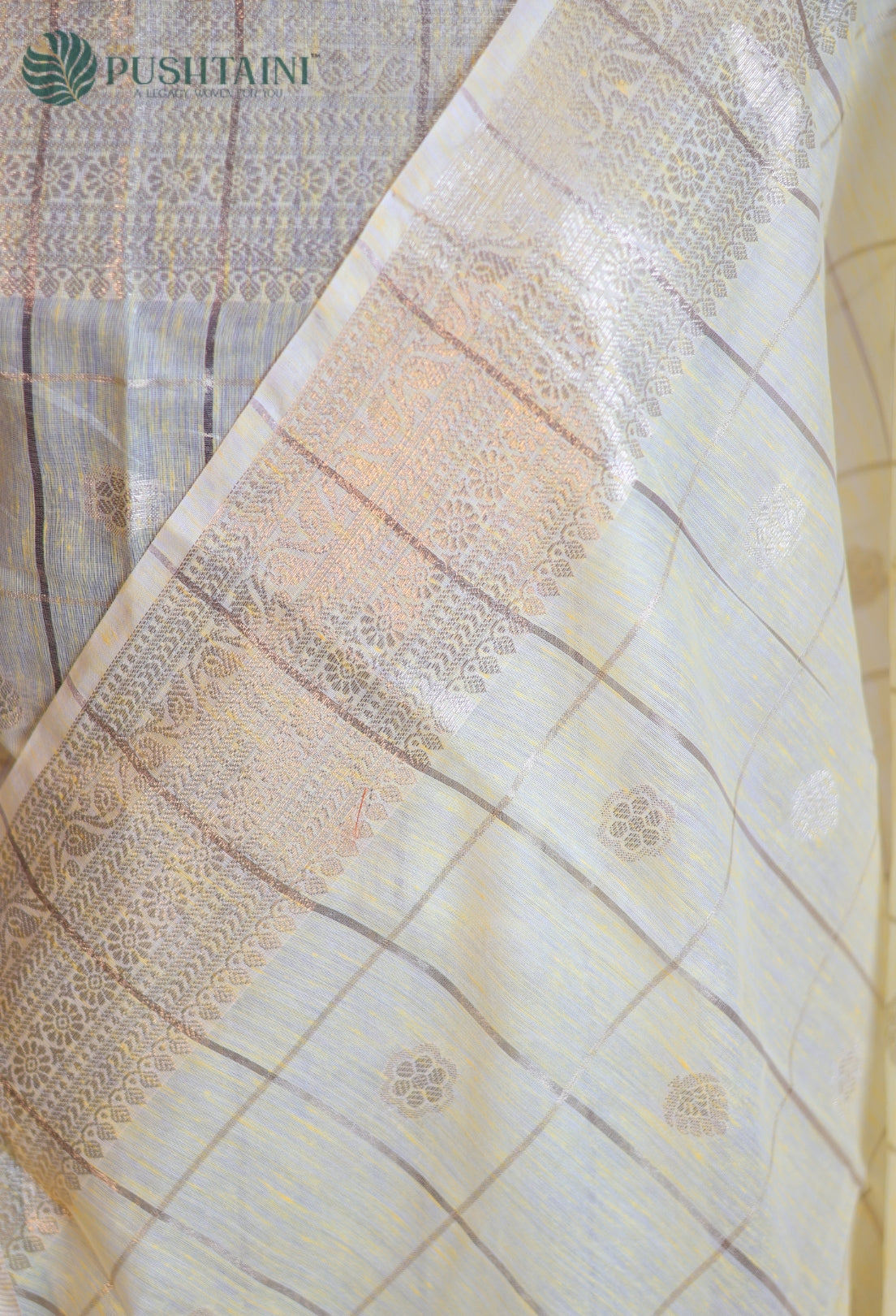 Yellow Gold Semi Linen Saree with Allover Golden Zari work