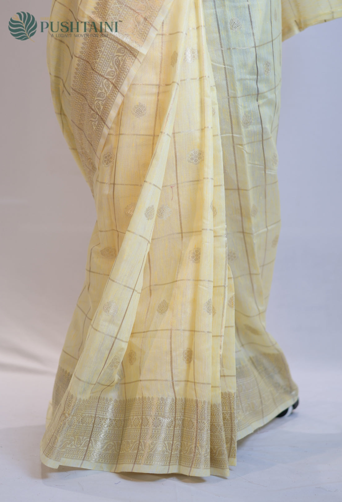 Yellow Gold Semi Linen Saree with Allover Golden Zari work