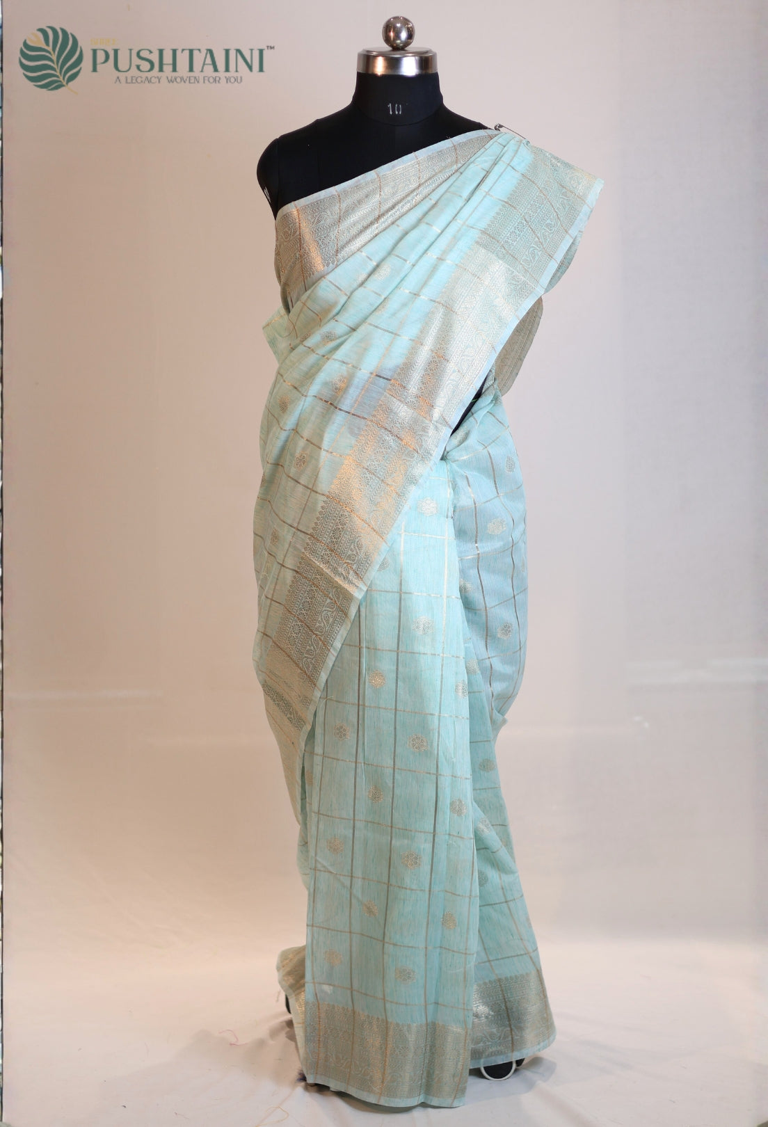 Sky Blue Semi Linen Saree with Allover Golden Zari work