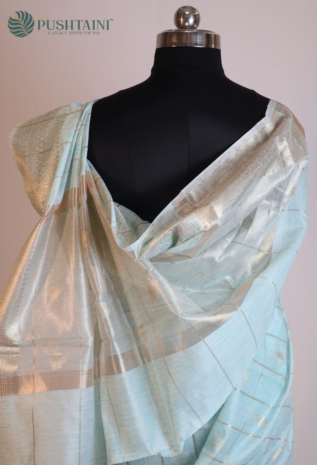 Sky Blue Semi Linen Saree with Allover Golden Zari work