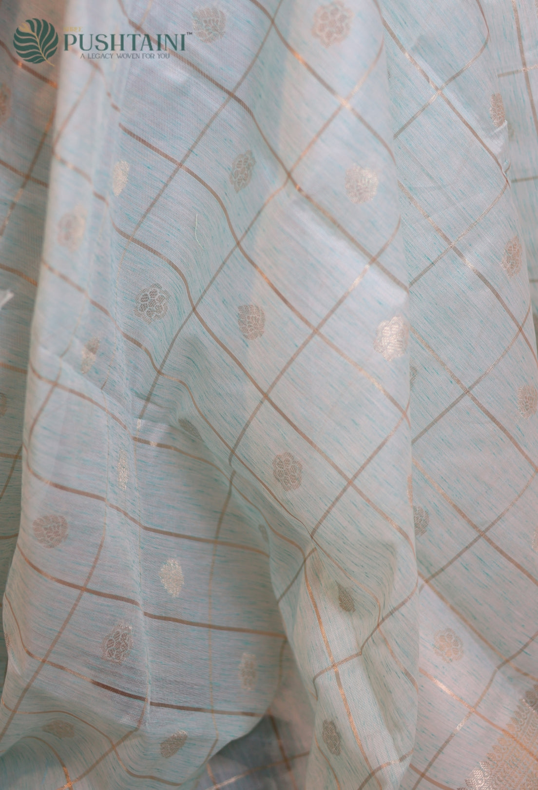 Sky Blue Semi Linen Saree with Allover Golden Zari work