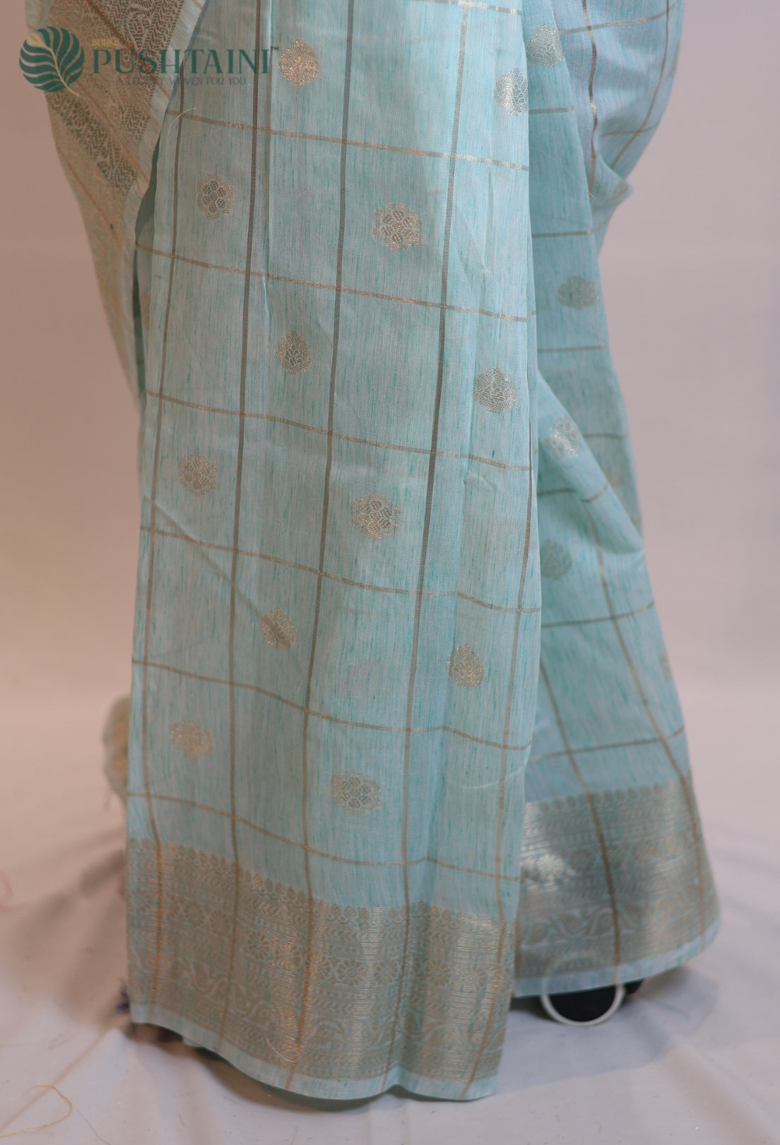 Sky Blue Semi Linen Saree with Allover Golden Zari work