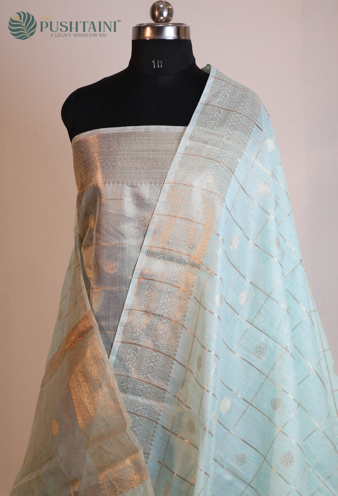 Sky Blue Semi Linen Saree with Allover Golden Zari work