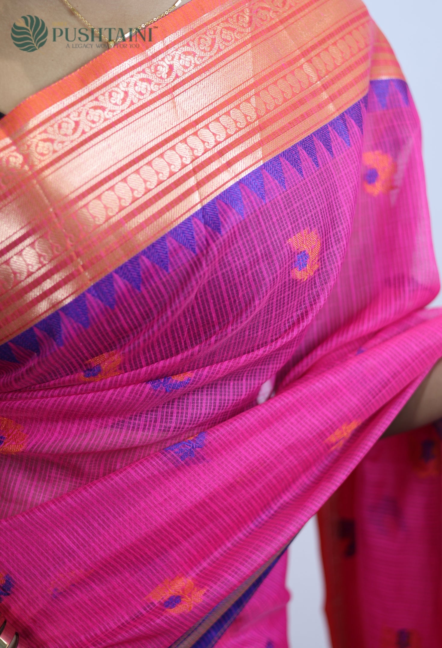 Rani Pink Kota Doria Saree with Anchal Border work