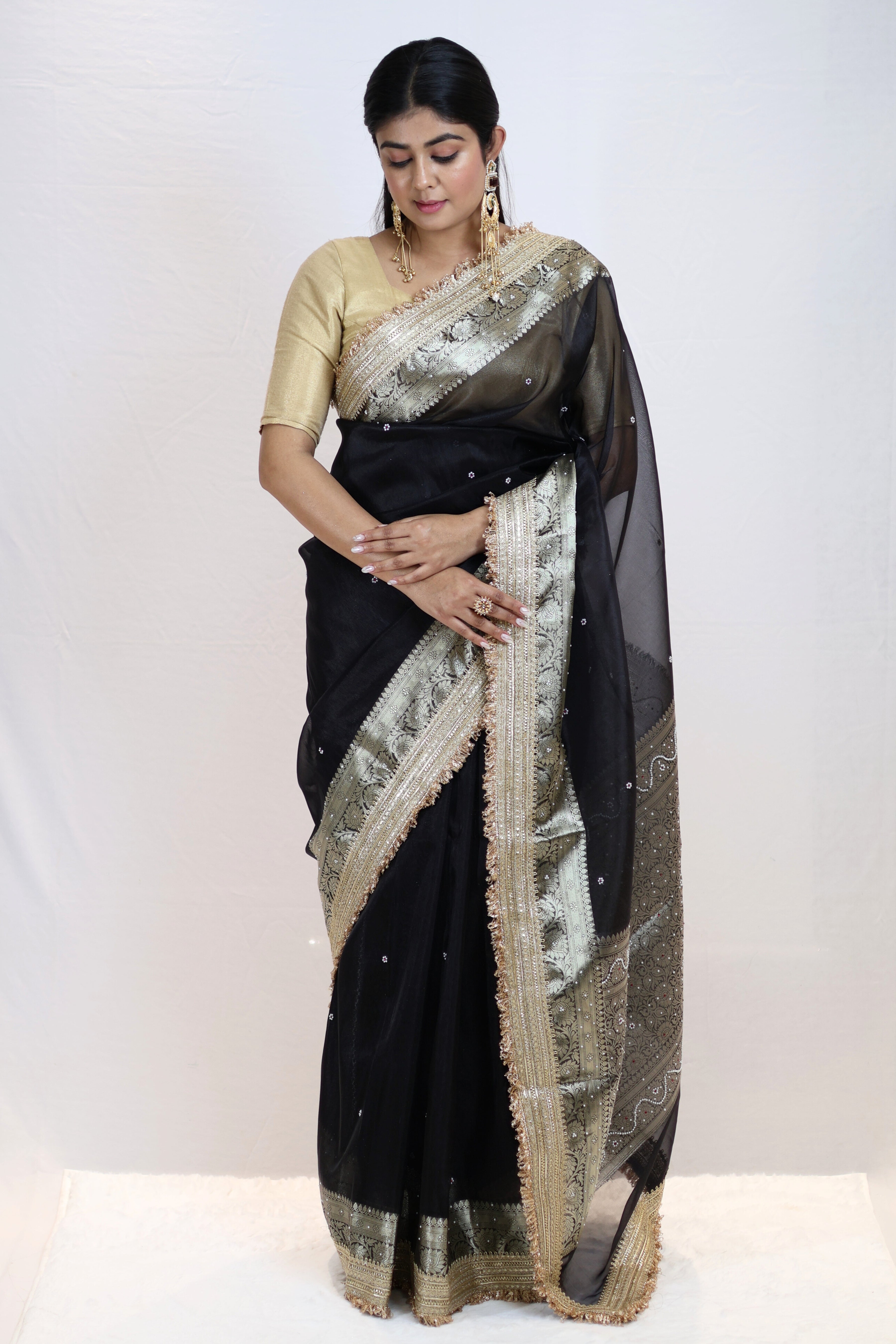 Premium Black Tissue Silk Saree with Stone Work & Double Lace