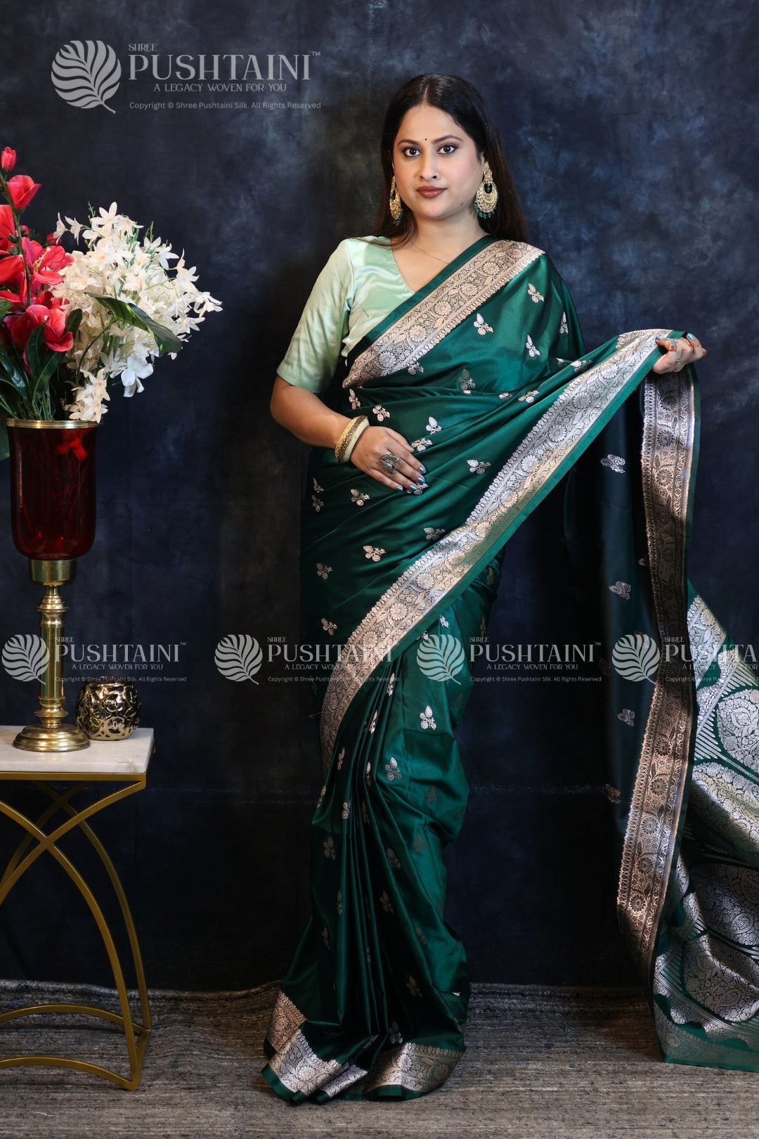 Banarasi Mashru Silk Bottel Green Saree