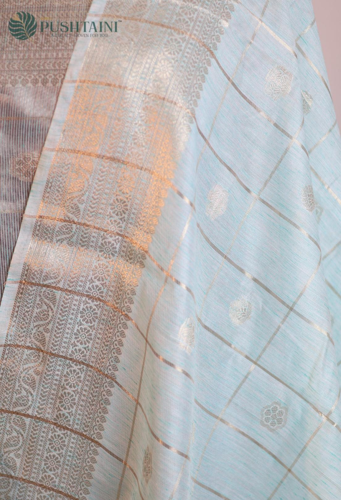 Sky Blue Semi Linen Saree with Allover Golden Zari work