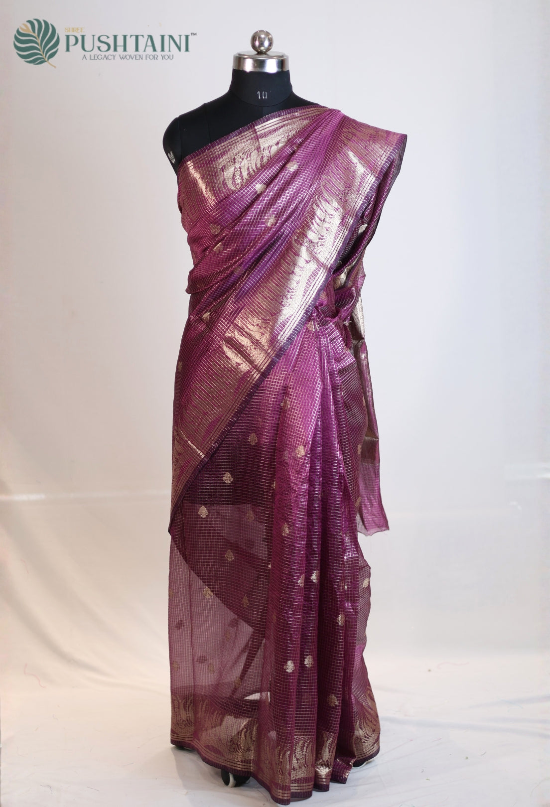 Purple Magenta Art Silk Saree with Metallic Gold Zari Check