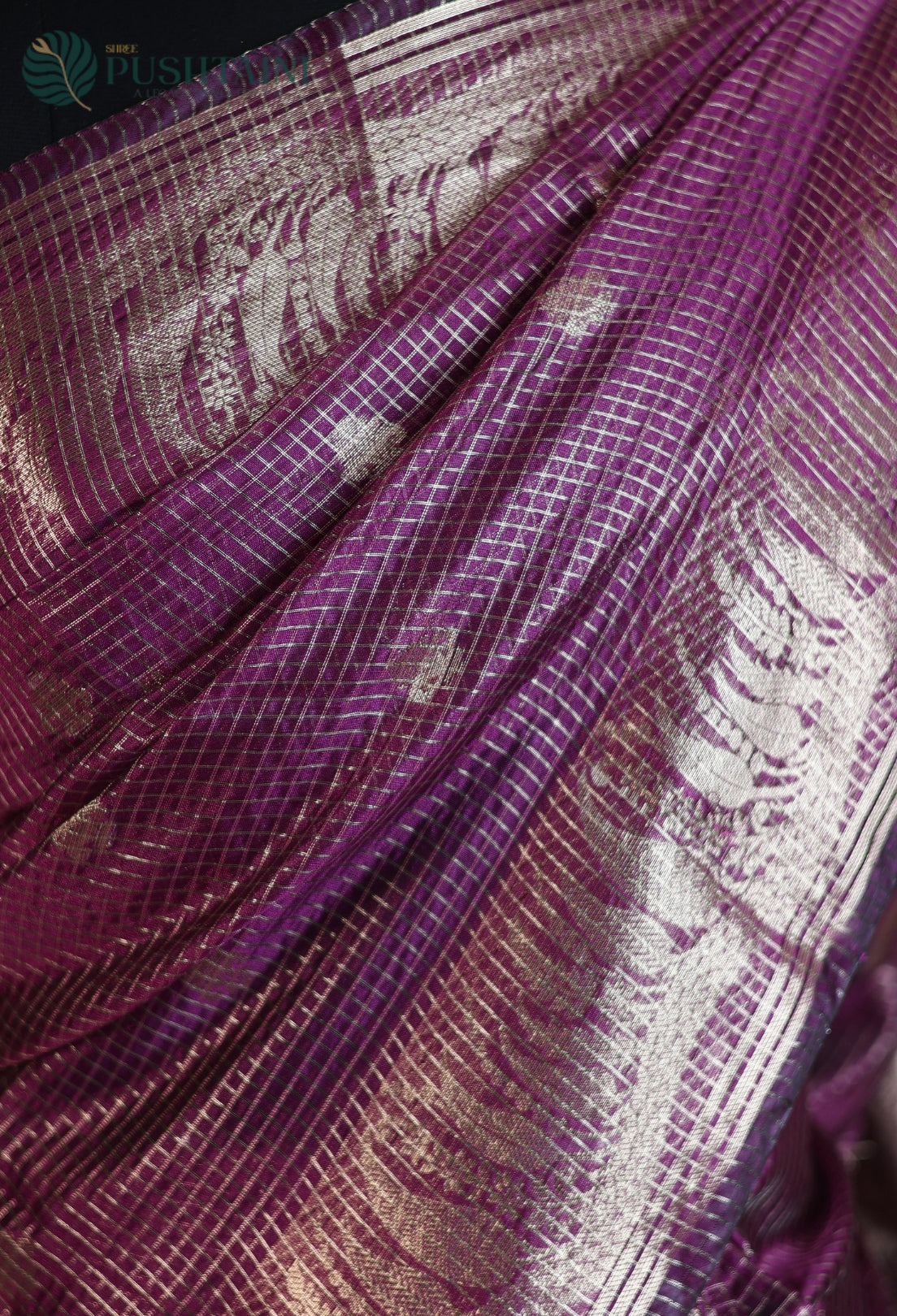 Purple Magenta Art Silk Saree with Metallic Gold Zari Check