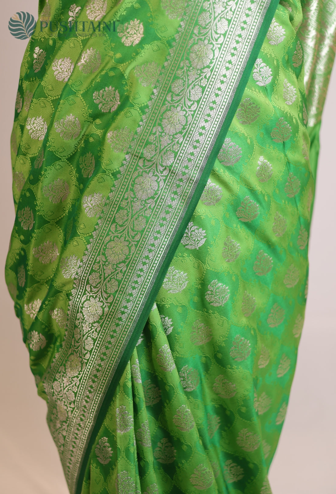 Parrot Green Mashru Katan Silk Saree with Rangkat Concept