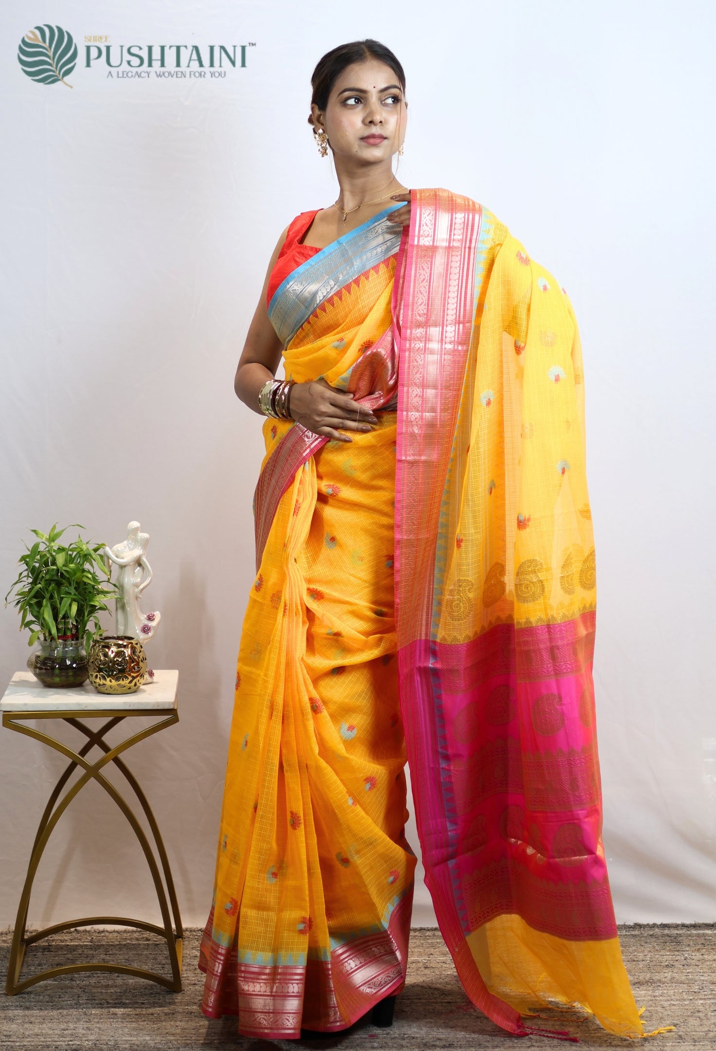 Yellow Gold Kota Doria Saree with Anchal Border work